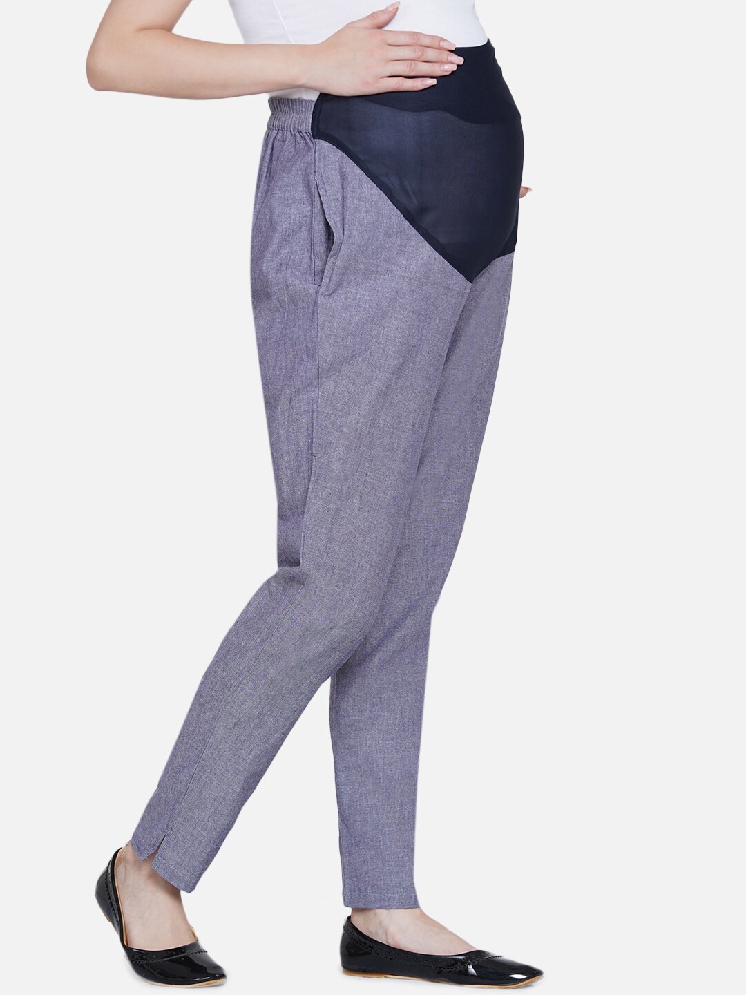 

Mine4Nine Women Grey Textured Relaxed Straight Leg Easy Wash Maternity Chambray Trousers