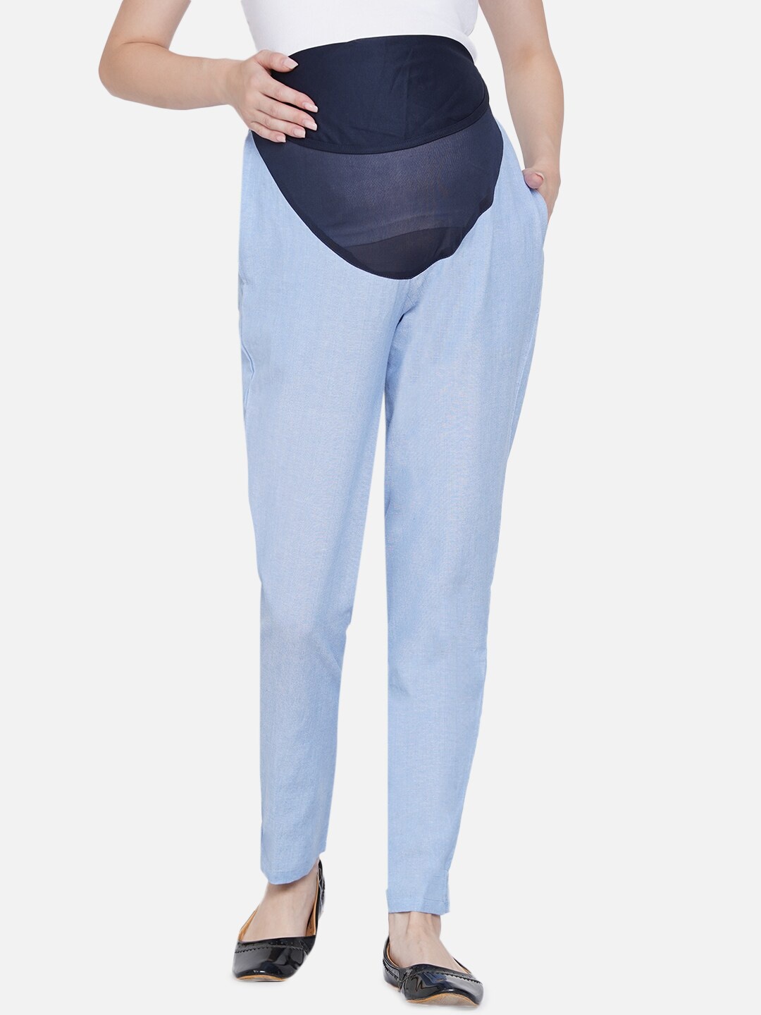 

Mine4Nine Women Blue Relaxed Straight Leg Easy Wash Maternity Chambray Trousers