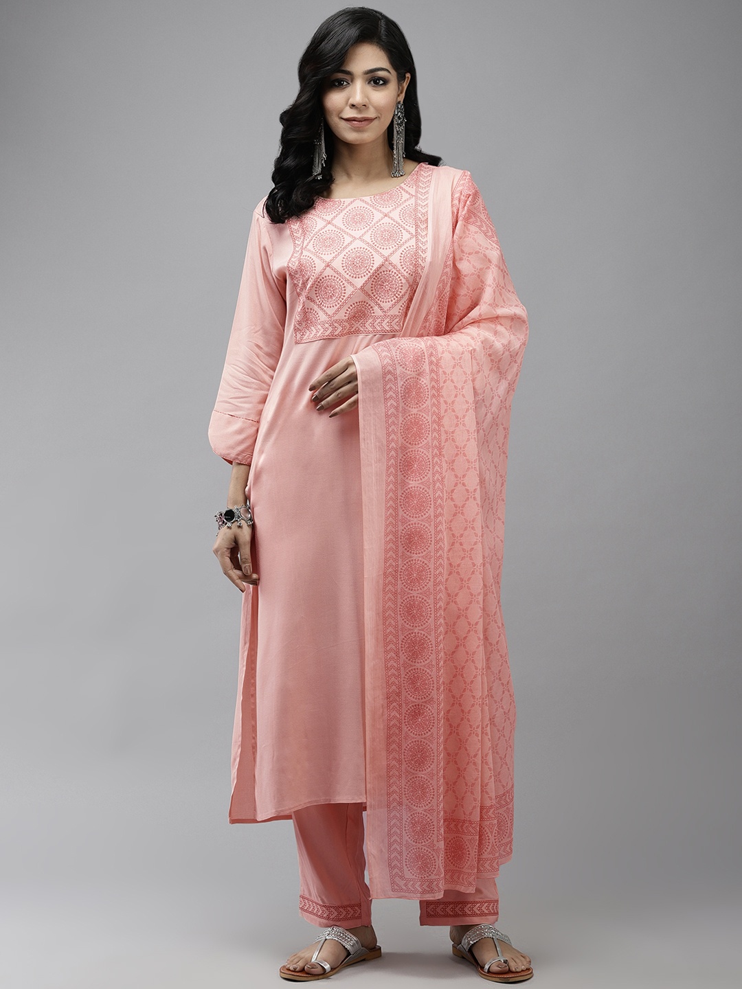 

Yufta Women Pink Yoke Design Thread Work Kurta with Palazzos & With Dupatta