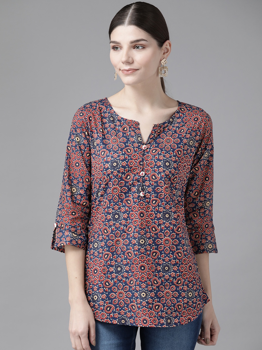 

Yufta Navy Blue & Rust Print Roll-Up Sleeves Top