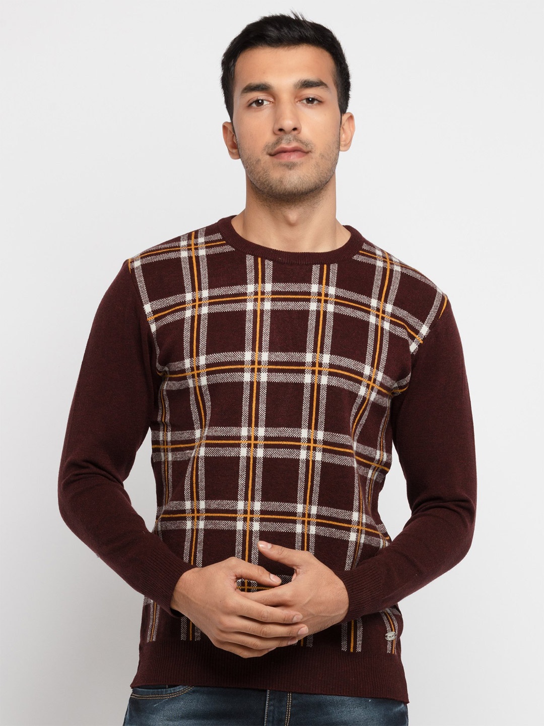 

Status Quo Men Maroon Checked Acrylic Pullover