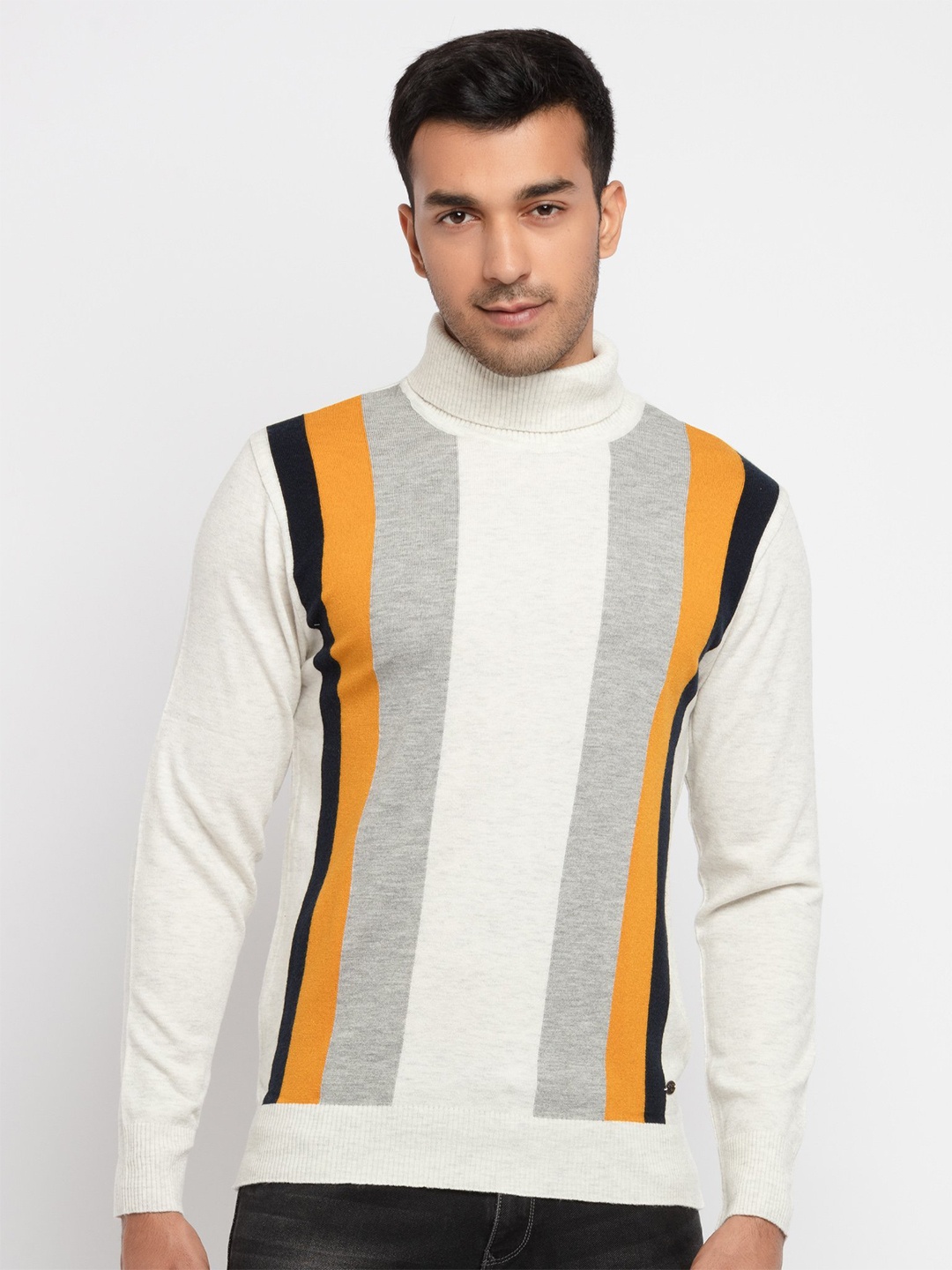 

Status Quo Men Off White & Mustard Striped Acrylic Pullover