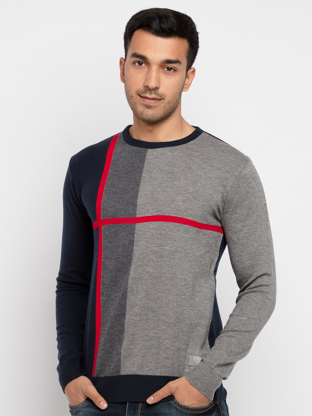 

Status Quo Men Navy Blue & Grey Colourblocked Acrylic Pullover