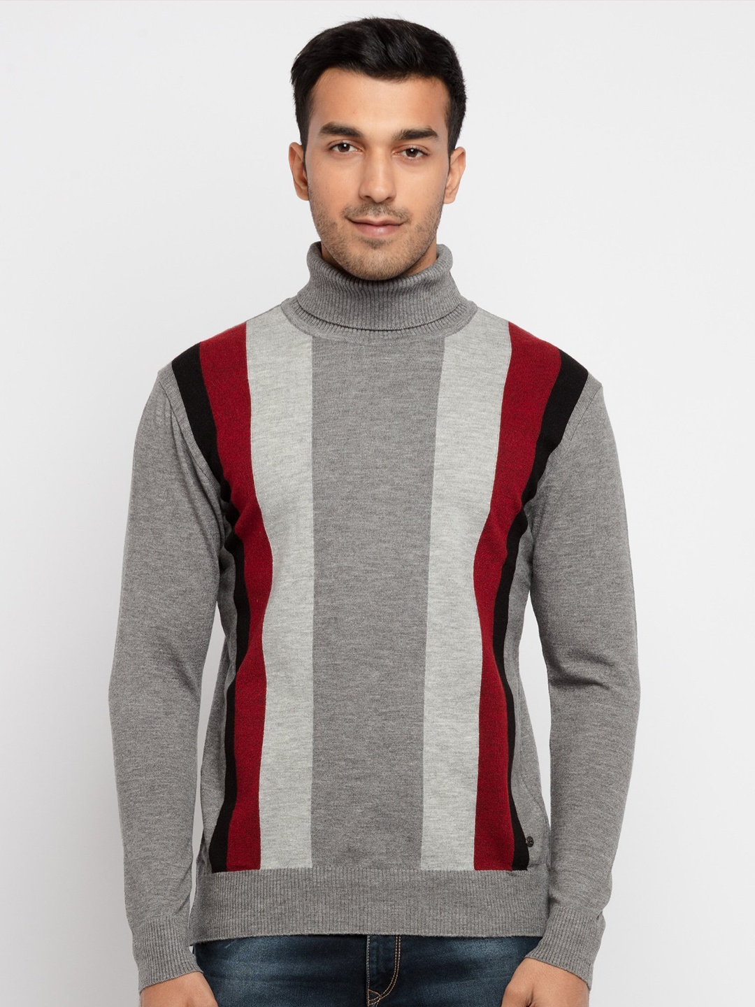 

Status Quo Men Grey & Maroon Striped Pullover