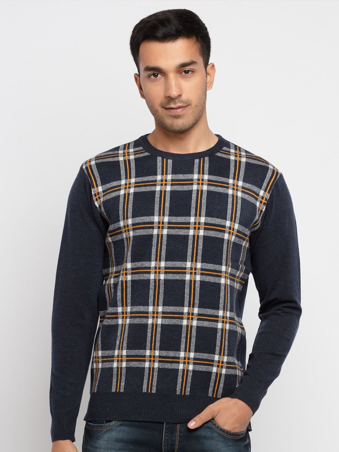 

Status Quo Men Navy Blue & Grey Checked Pullover