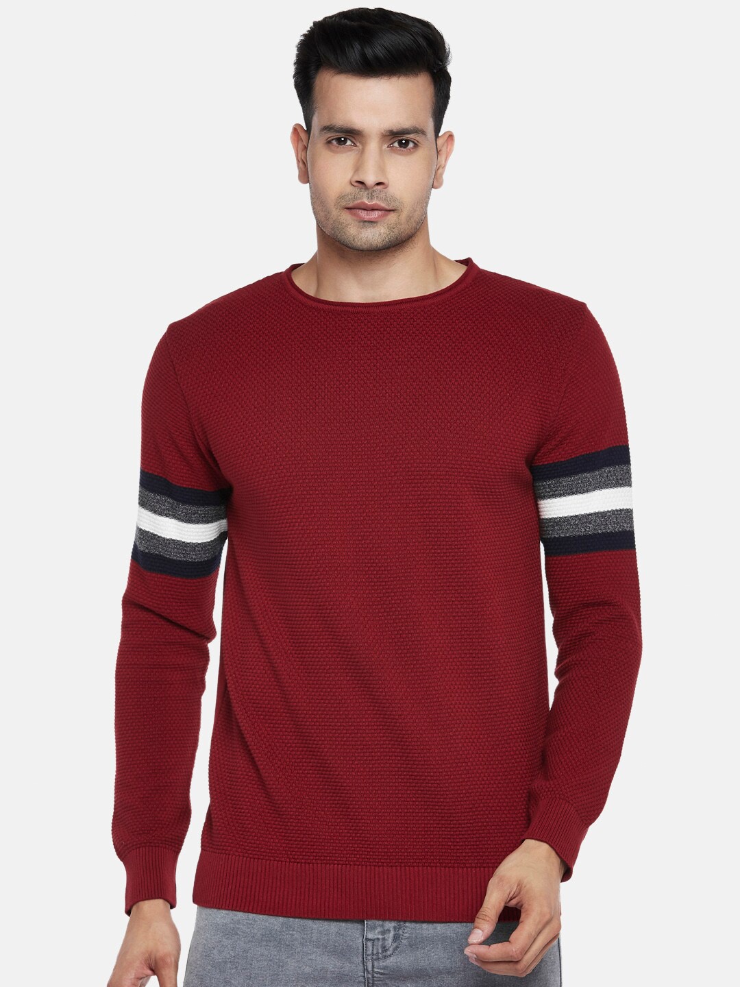 

People Men Red & Grey Pure Cotton Pullover