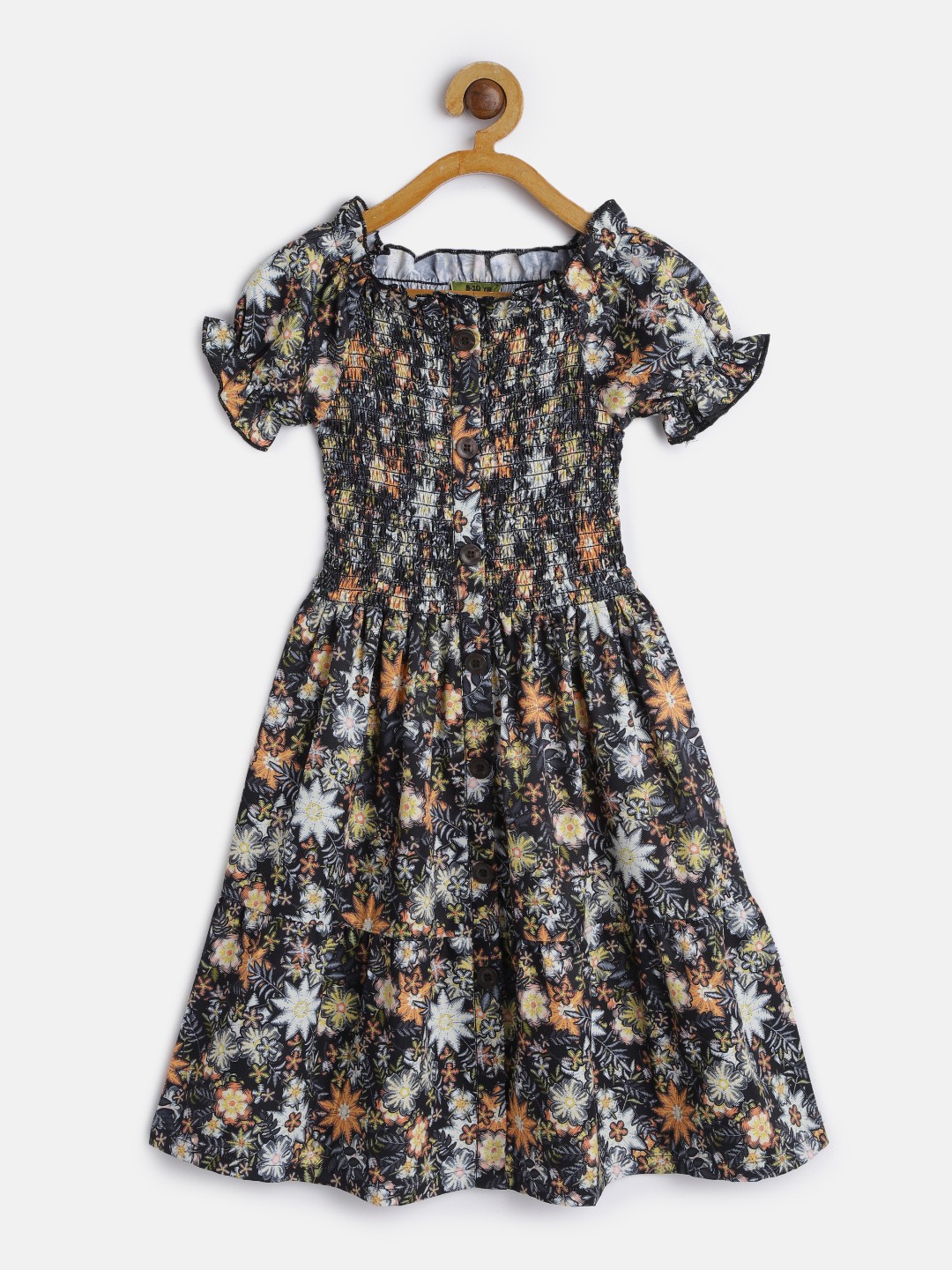 

Yuvraah Girls Black & Orange Floral Printed Round Neck Puff Sleeves Fit & Flare Dress