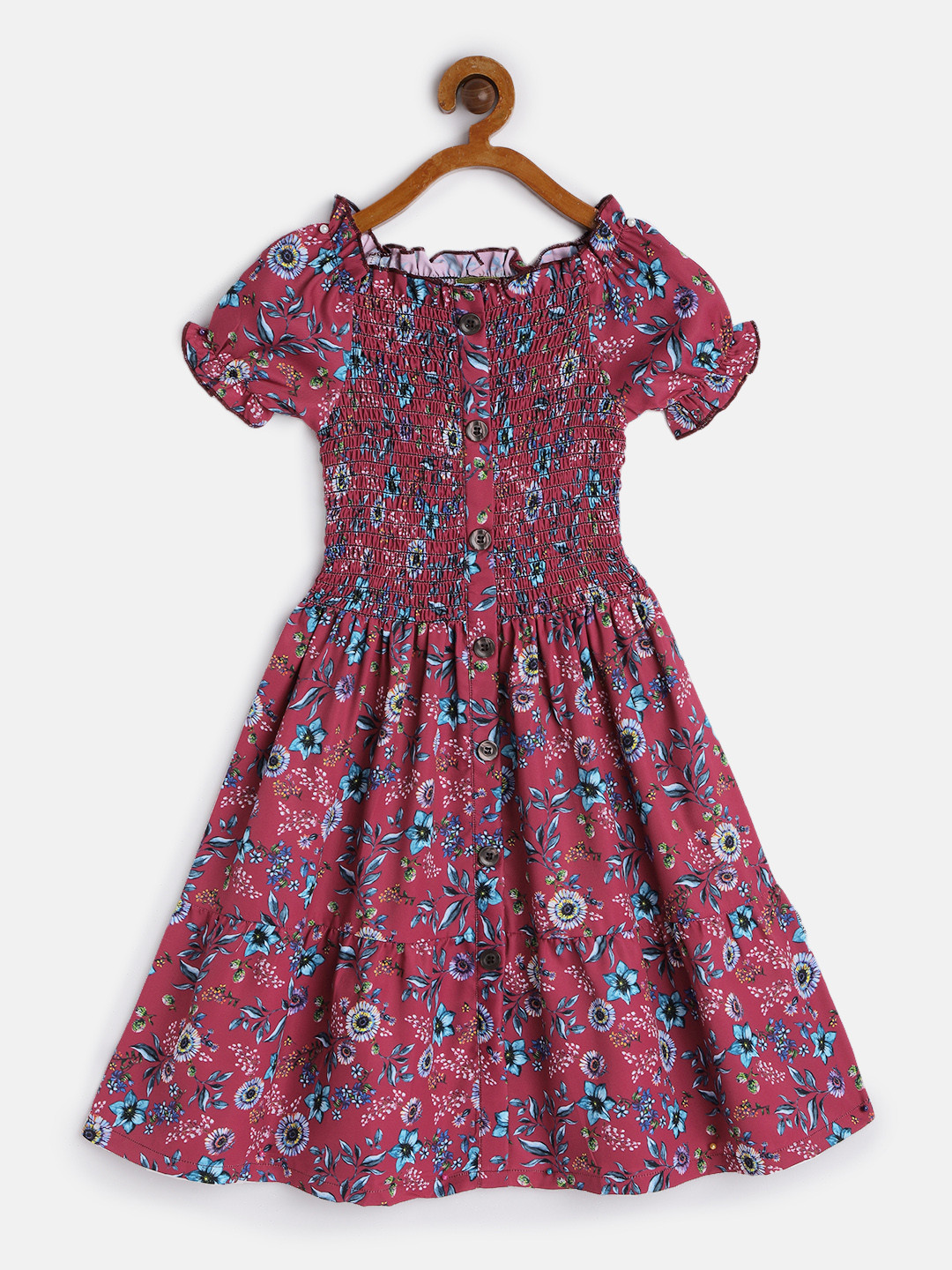 

Yuvraah Girls Pink Floral Printed Round Neck Puff Sleeves Smocked Fit & Flare Dress