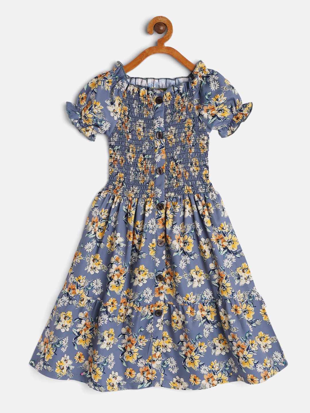 

Yuvraah Girls Grey & Orange Floral Printed Round Neck Puff Sleeves Fit & Flare Dress