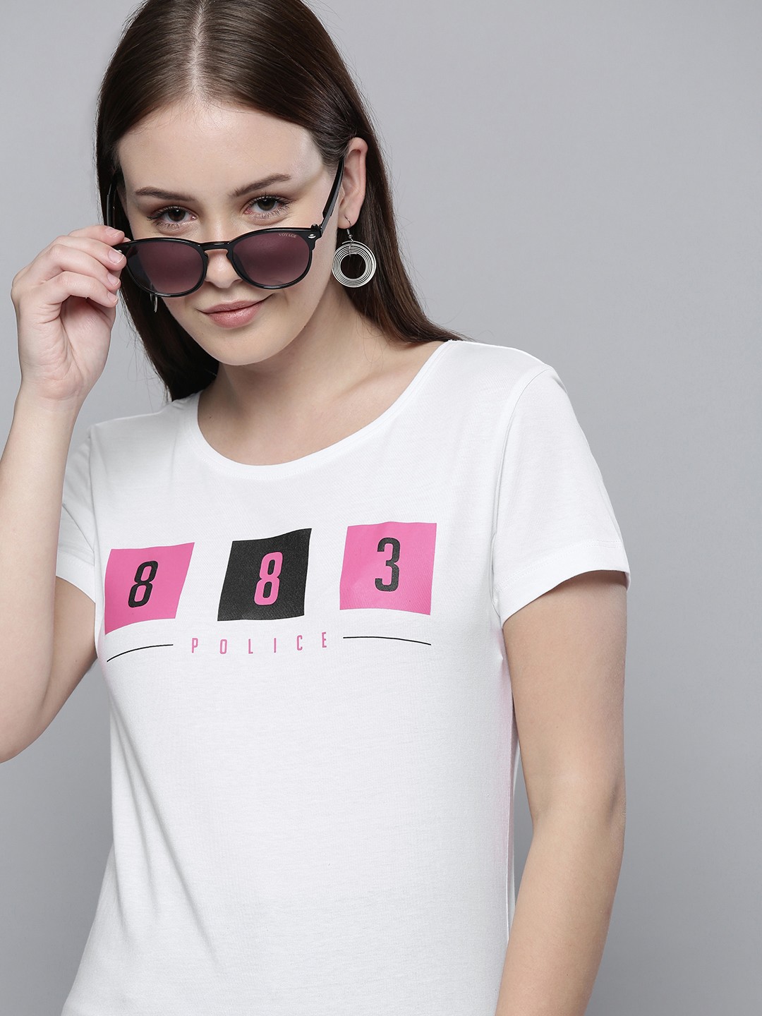 

883 Police Women White Brand Logo Printed Cotton T-shirt