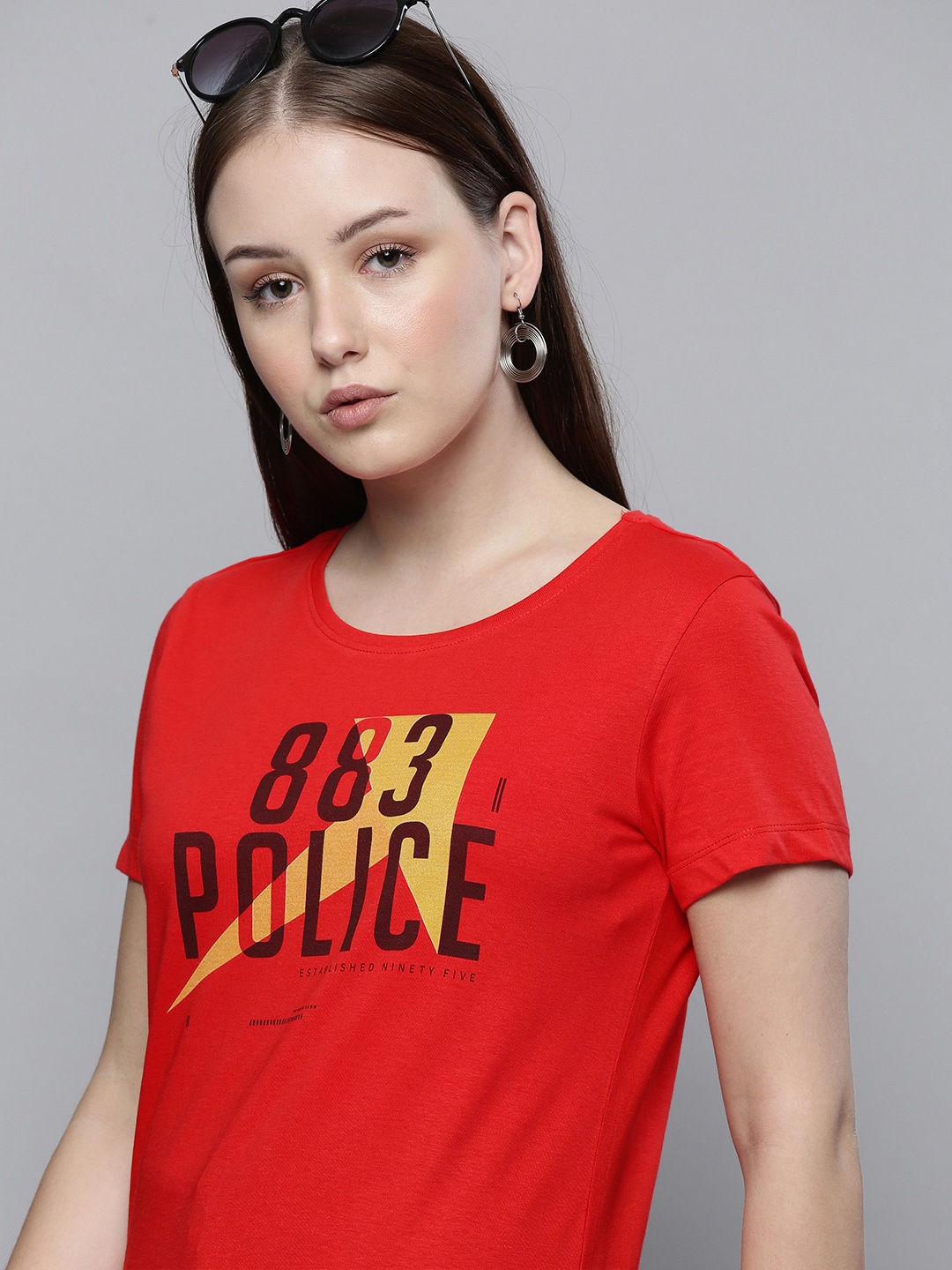 

883 Police Women Red Brand Logo Printed Cotton T-shirt