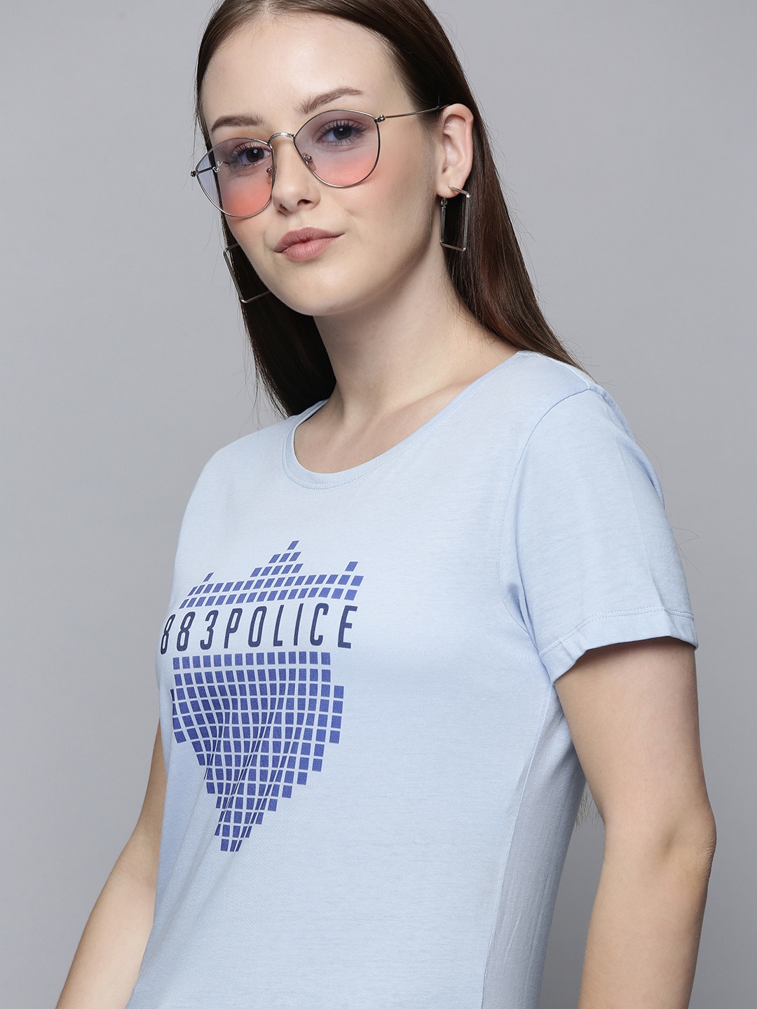 

883 Police Women Blue Brand Logo Printed Cotton T-shirt