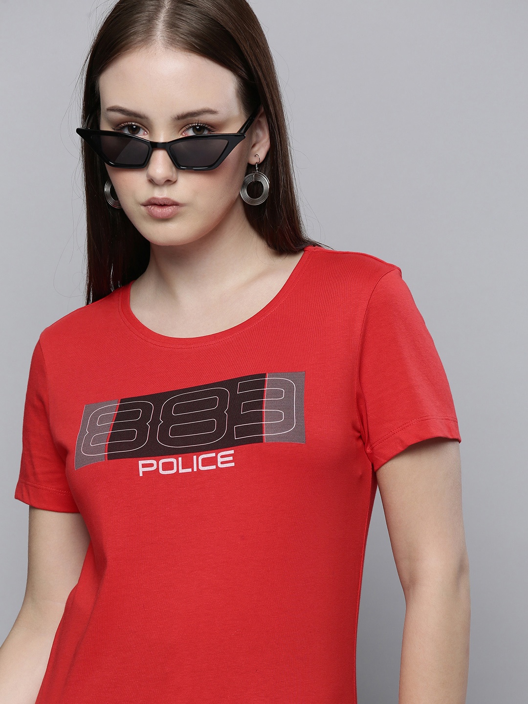 

883 Police Women Red Brand Logo Printed Cotton T-shirt