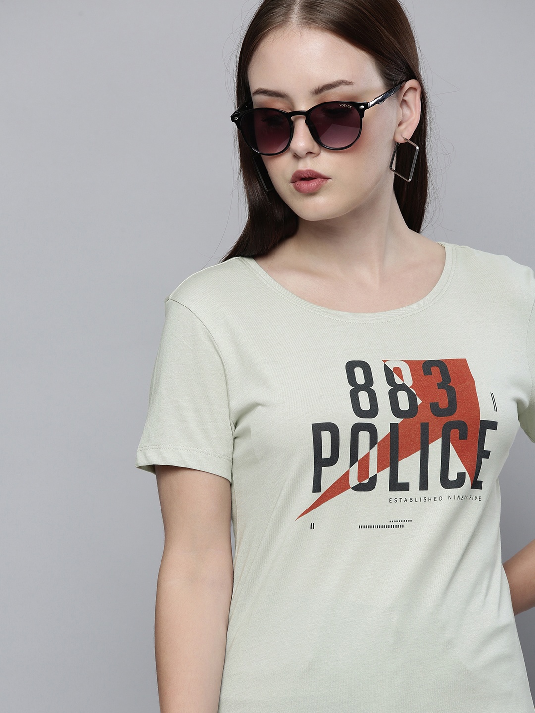 

883 Police Women Grey Brand Logo Printed Cotton T-shirt