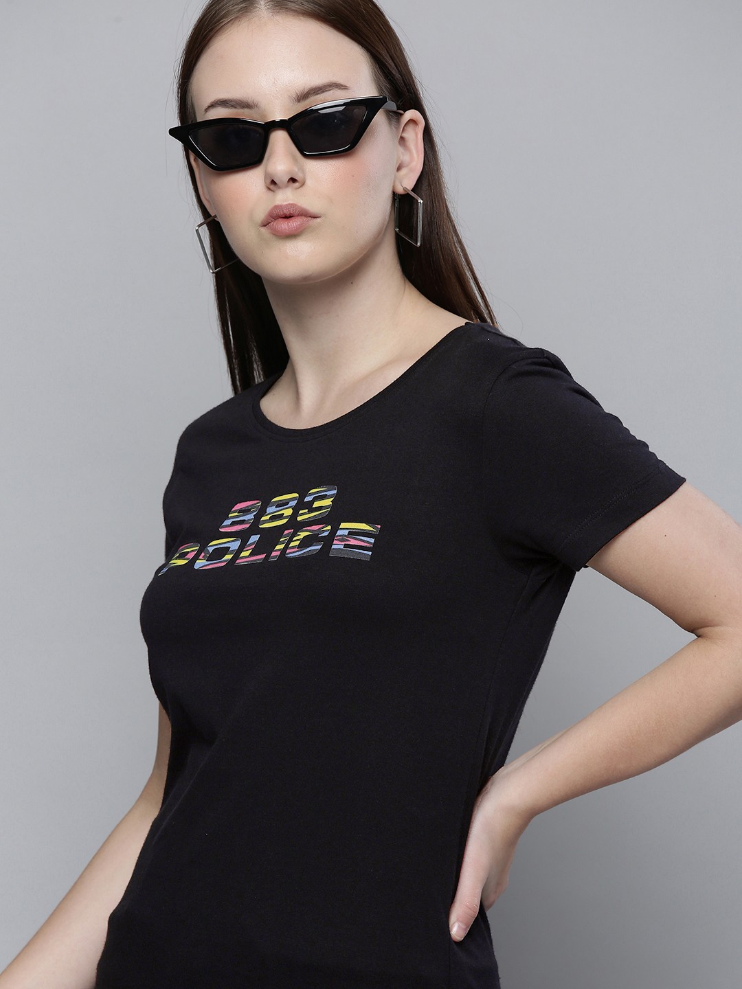 

883 Police Women Black Brand Logo Printed Cotton T-shirt