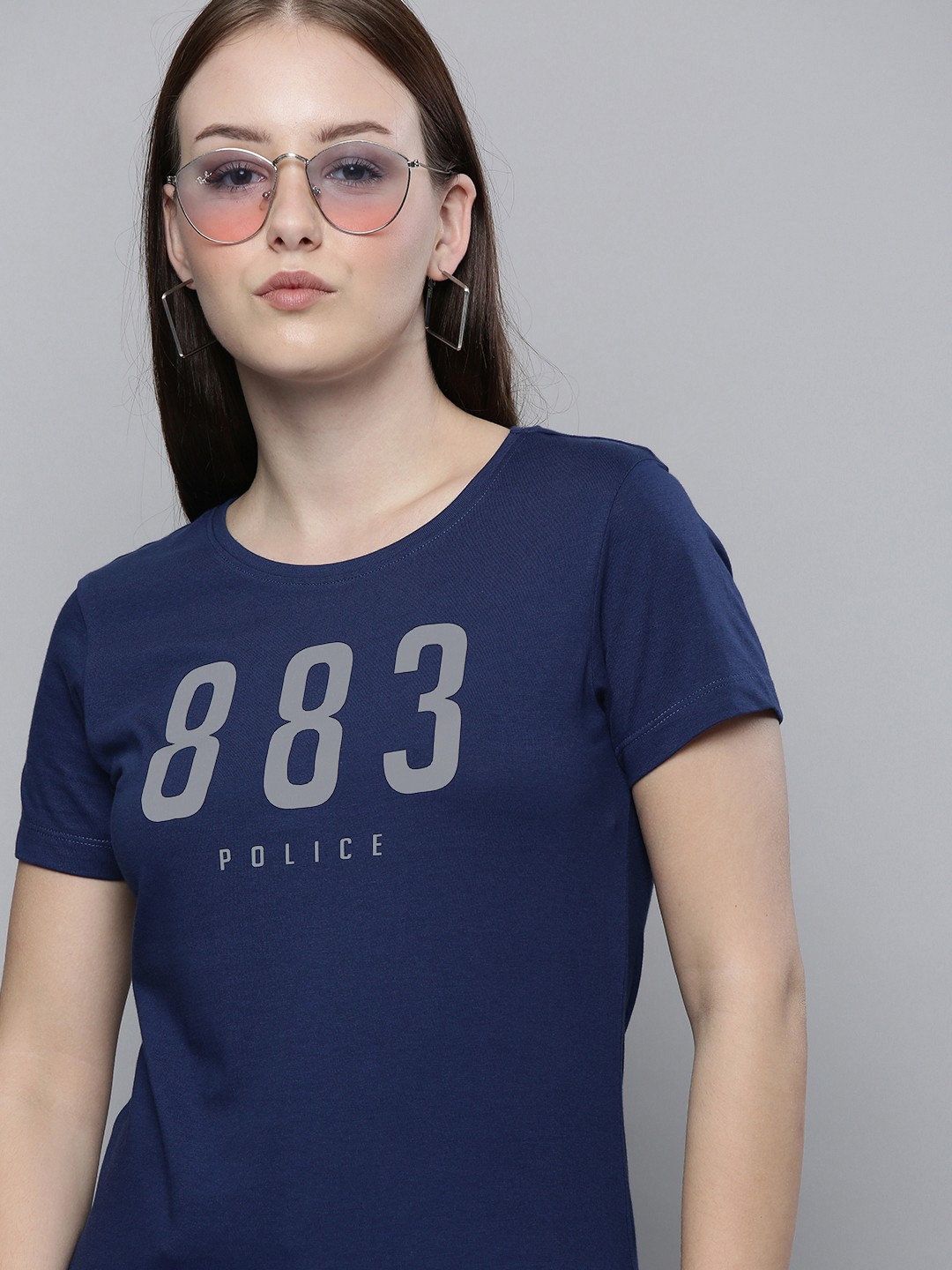 

883 Police Women Navy Blue Brand Logo Printed Cotton T-shirt