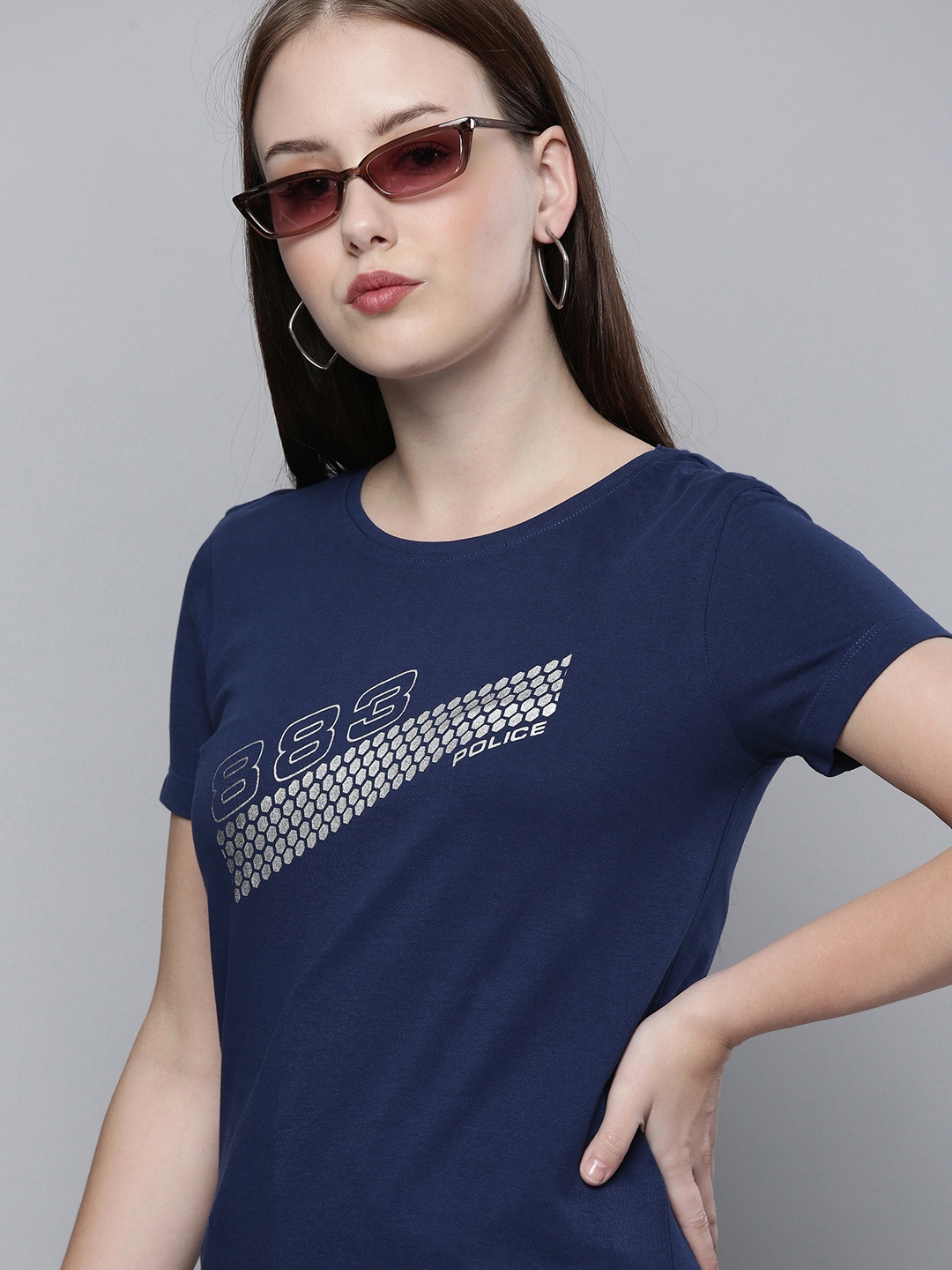 

883 Police Women Navy Blue Brand Logo Printed Cotton T-shirt