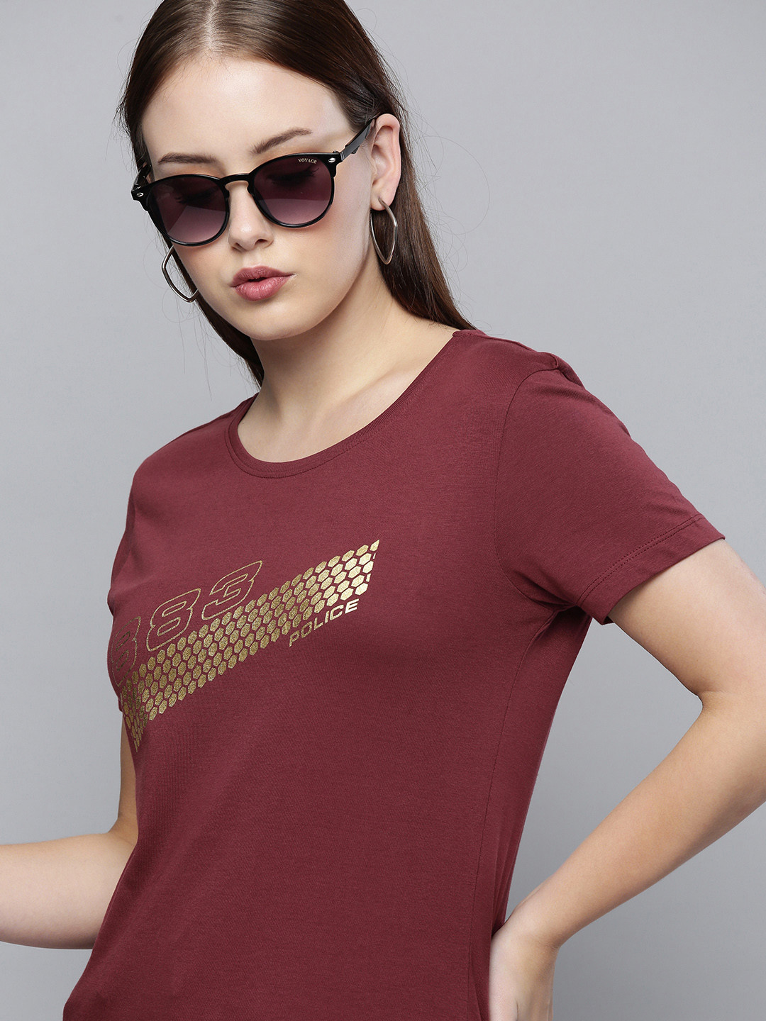 

883 Police Women Brown Brand Logo Printed Cotton T-shirt