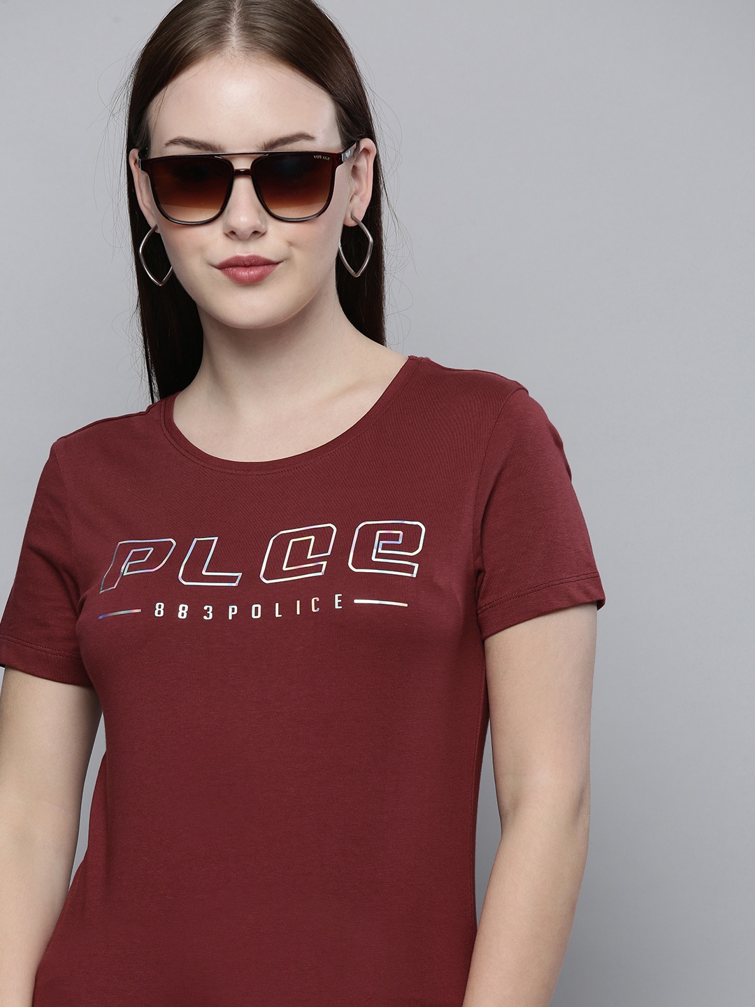 

883 Police Women Brown Brand Logo Printed Cotton T-shirt