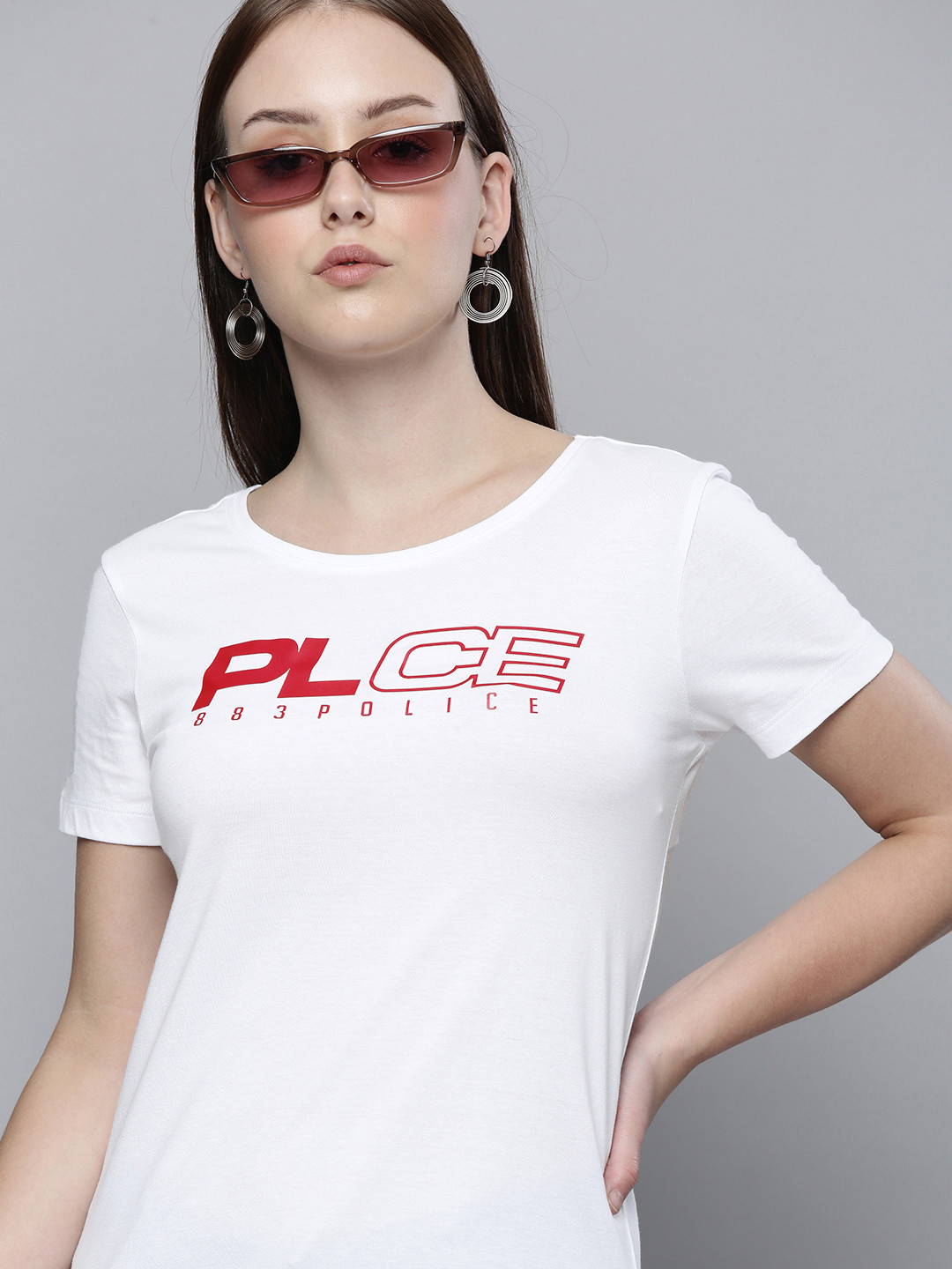 

883 Police Women White Brand Logo Printed Cotton T-shirt