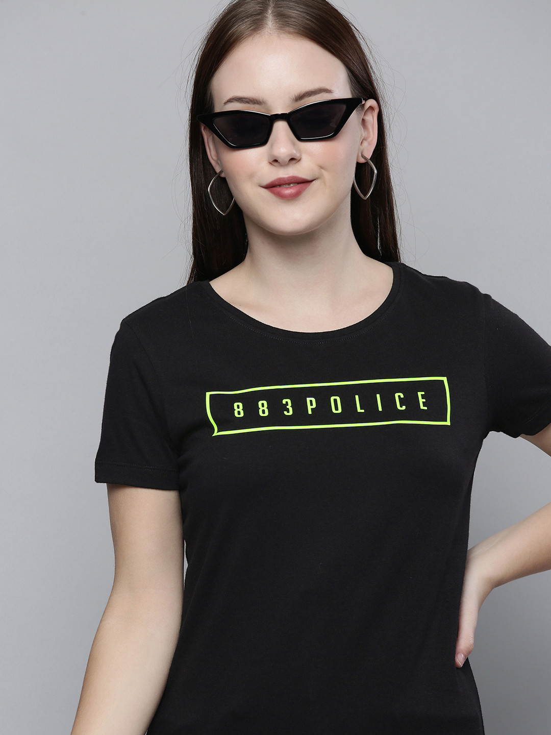 

883 Police Women Black Brand Logo Printed Cotton T-shirt