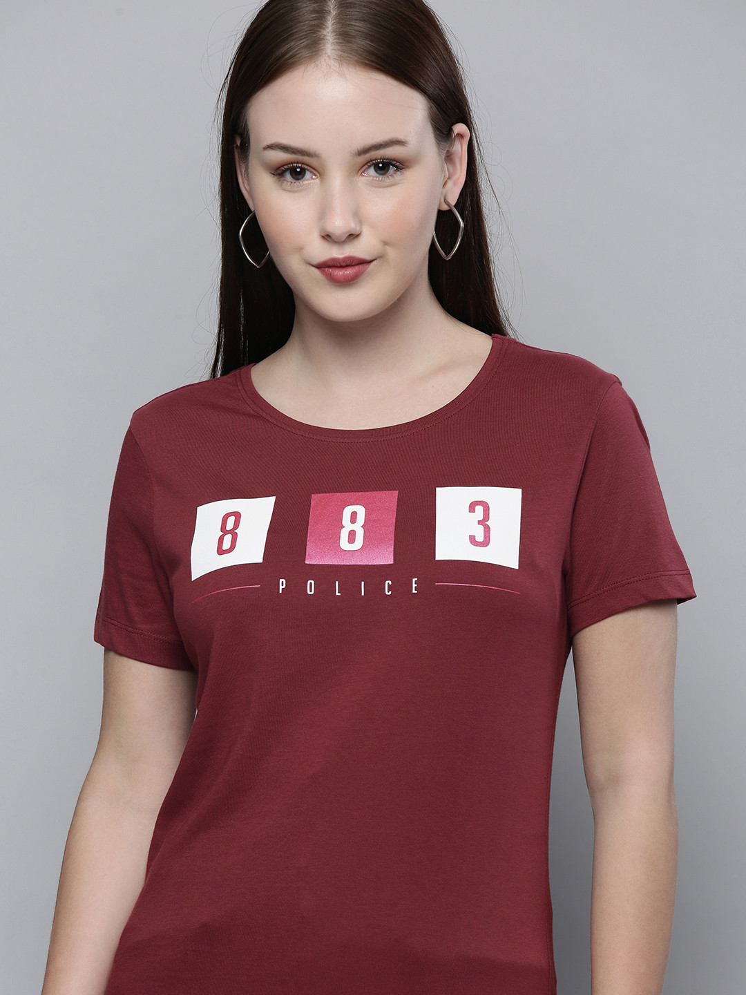 

883 Police Women Brown Brand Logo Printed Cotton T-shirt