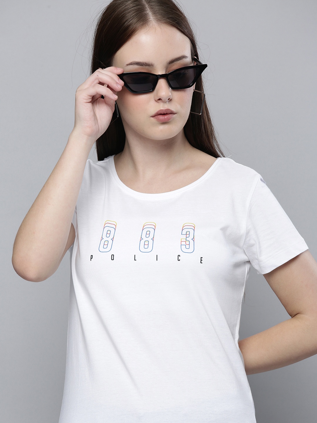

883 Police Women White Brand Logo Printed Cotton T-shirt