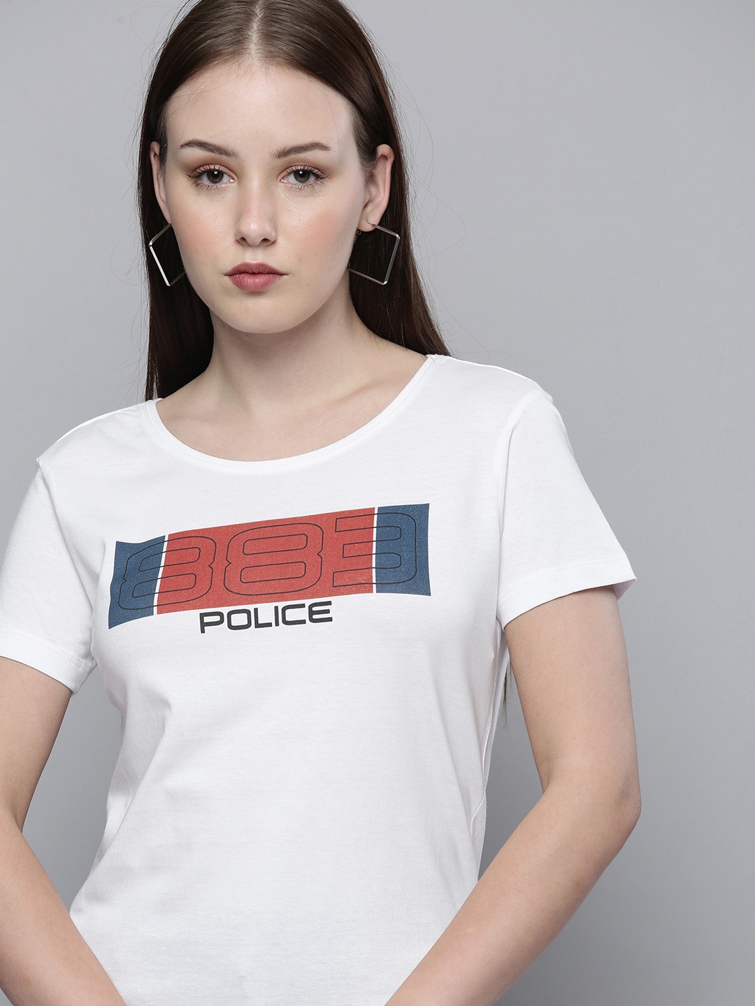 

883 Police Women White Brand Logo Printed Cotton T-shirt
