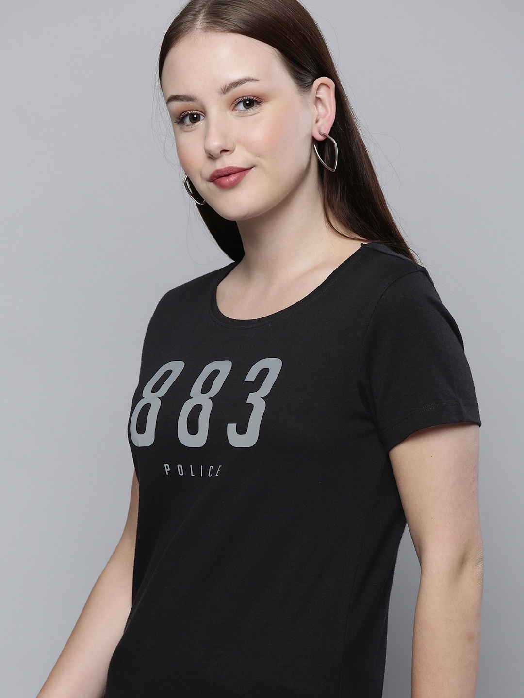 

883 Police Women Black Brand Logo Printed Cotton T-shirt