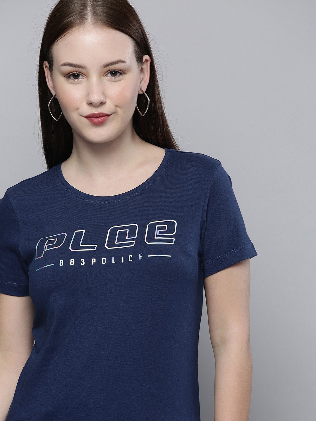 

883 Police Women Navy Blue Brand Logo Printed T-shirt