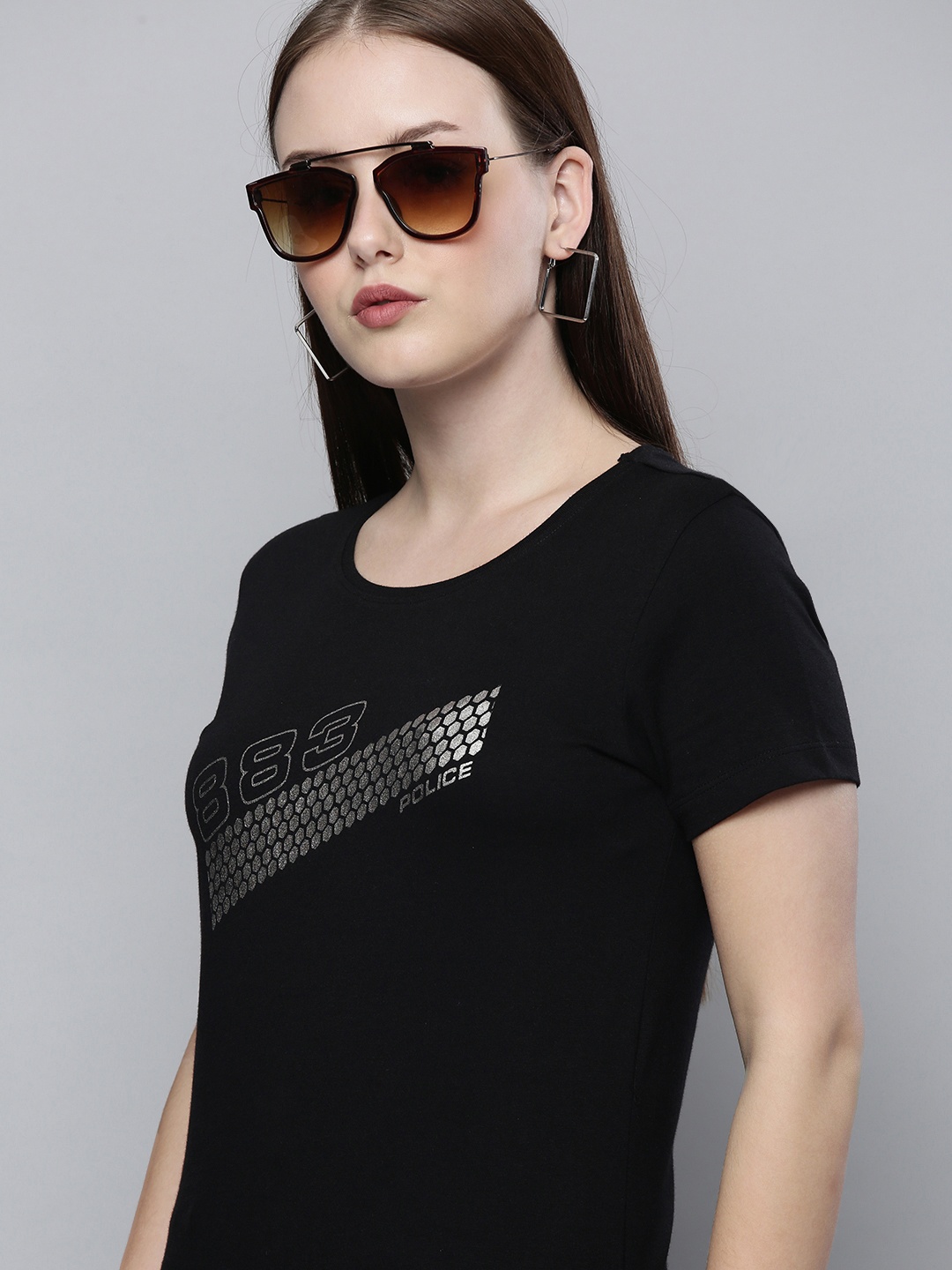 

883 Police Women Black Brand Logo Printed Cotton T-shirt