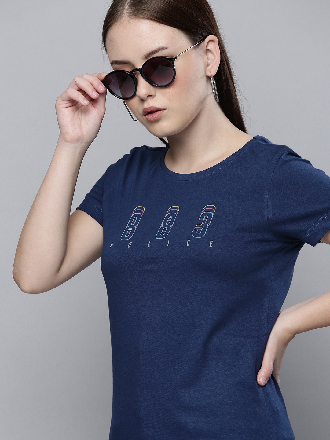 

883 Police Women Navy Blue Brand Logo Printed Cotton T-shirt