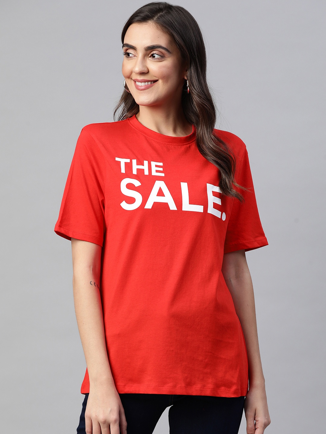 

Marks & Spencer Women Red & White Typography Printed Pure Cotton T-shirt