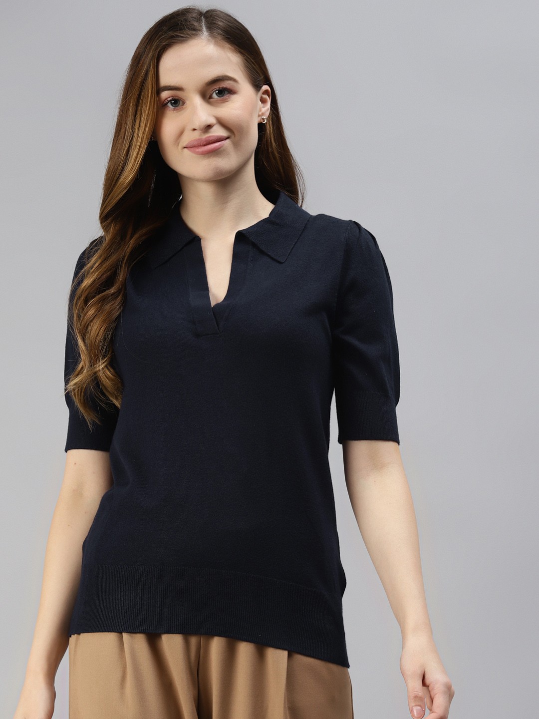 

Marks & Spencer Women Navy Blue Polo Collar Puff Sleeves T-shirt