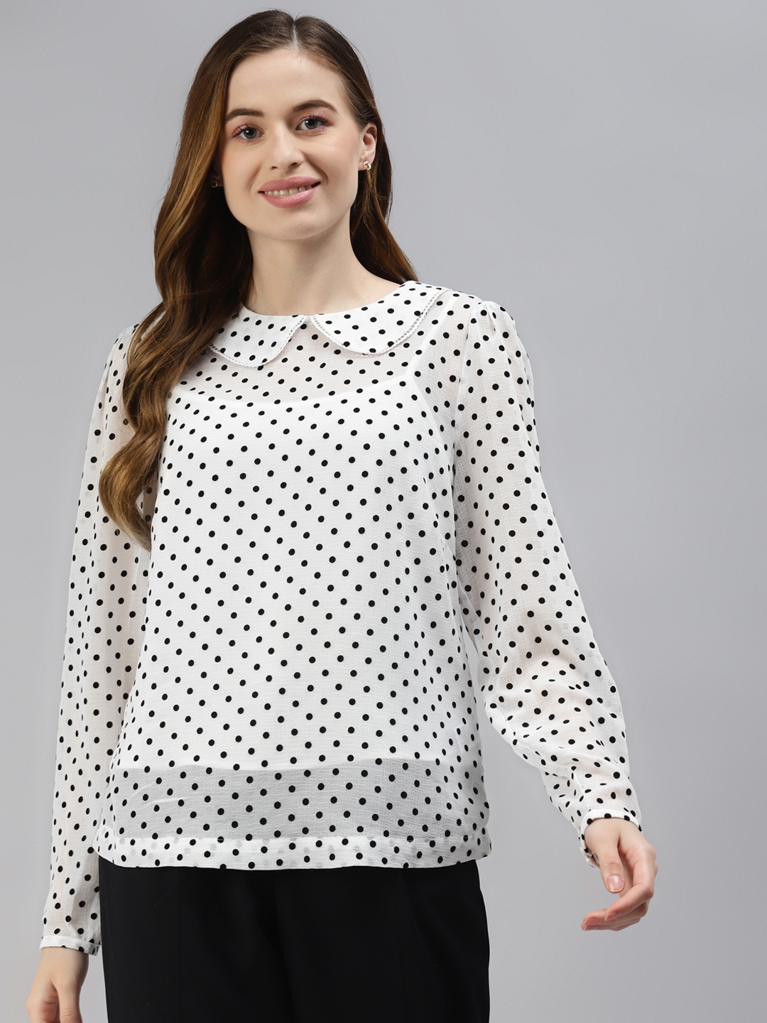 

Marks & Spencer White Polka Dot Printed Peter Pan Collar Top