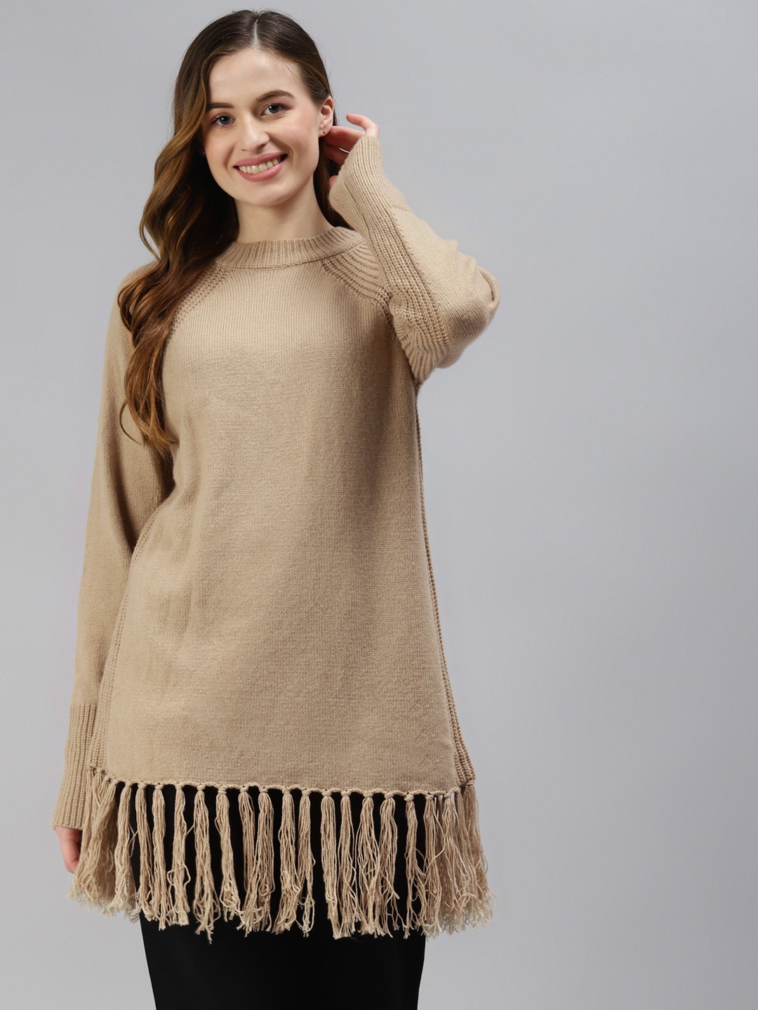 

Marks & Spencer Women Beige Yak Wool Longline Pullover with Fringed Detail