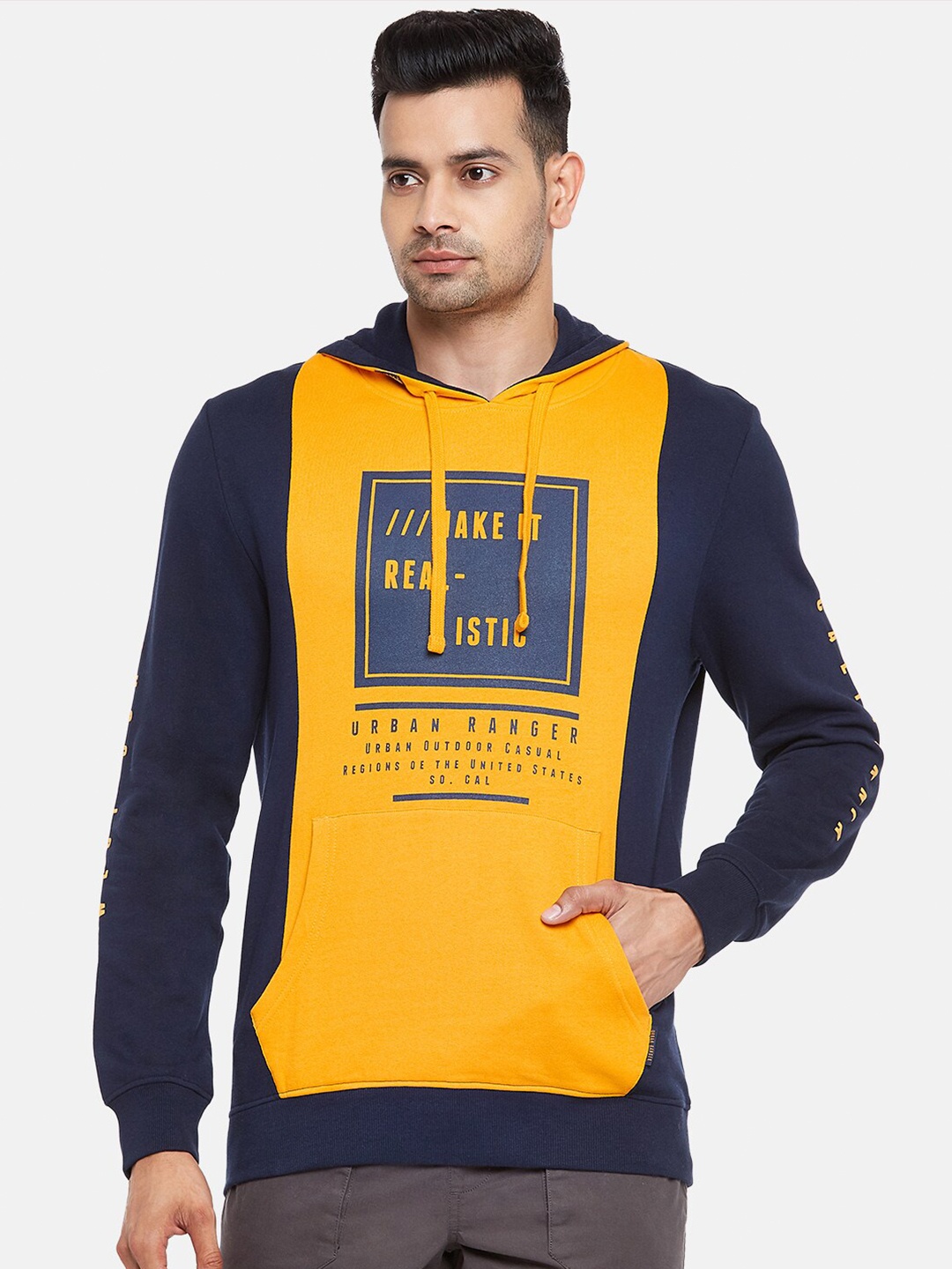 

Urban Ranger by pantaloons Men Mustard Yellow & Navy Blue Colourblocked Printed Sweatshirt