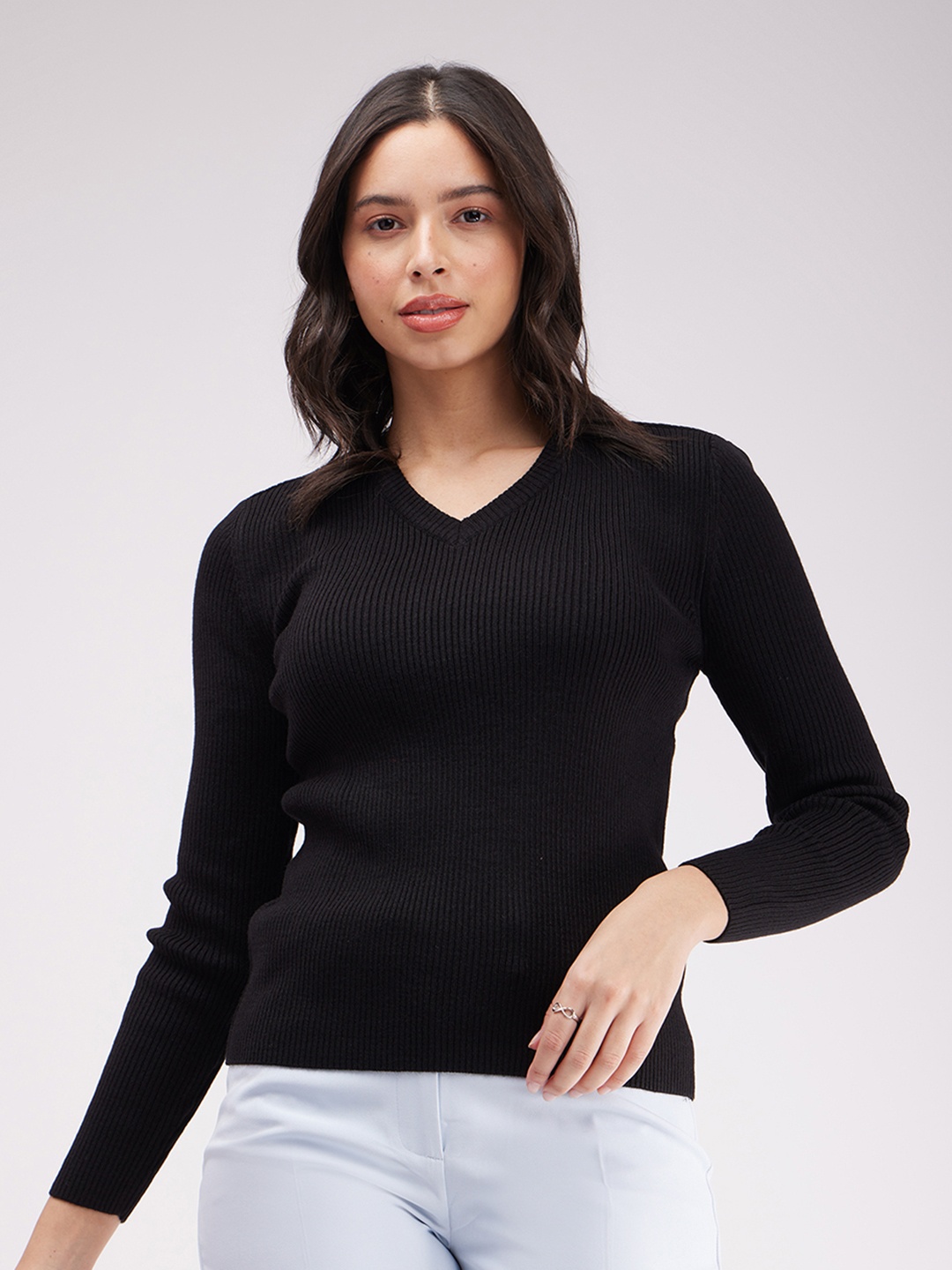 

FableStreet Women Black Ribbed Cotton Pullover