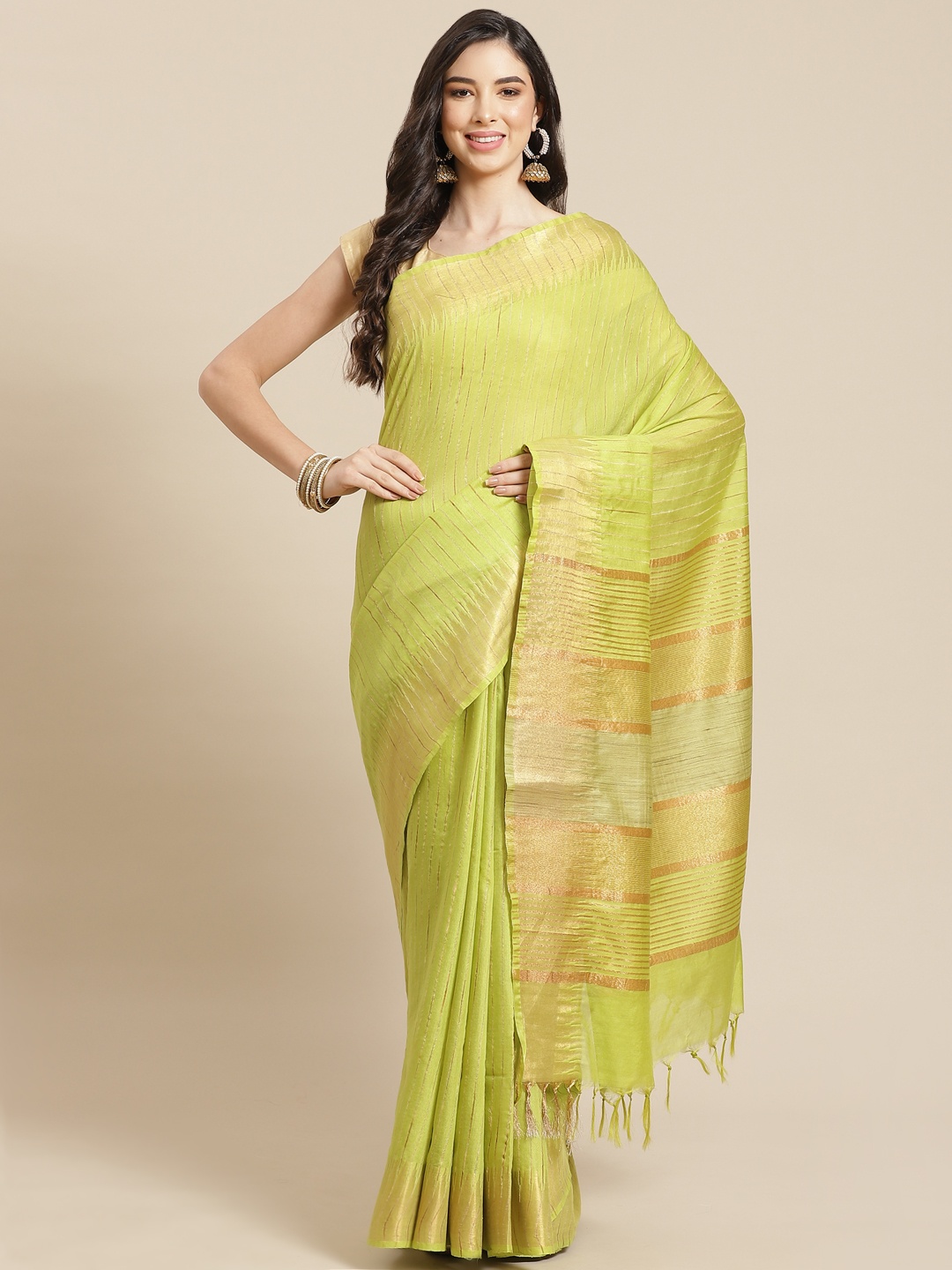 

swatika Green & Golden Self Striped Bhagalpuri Saree