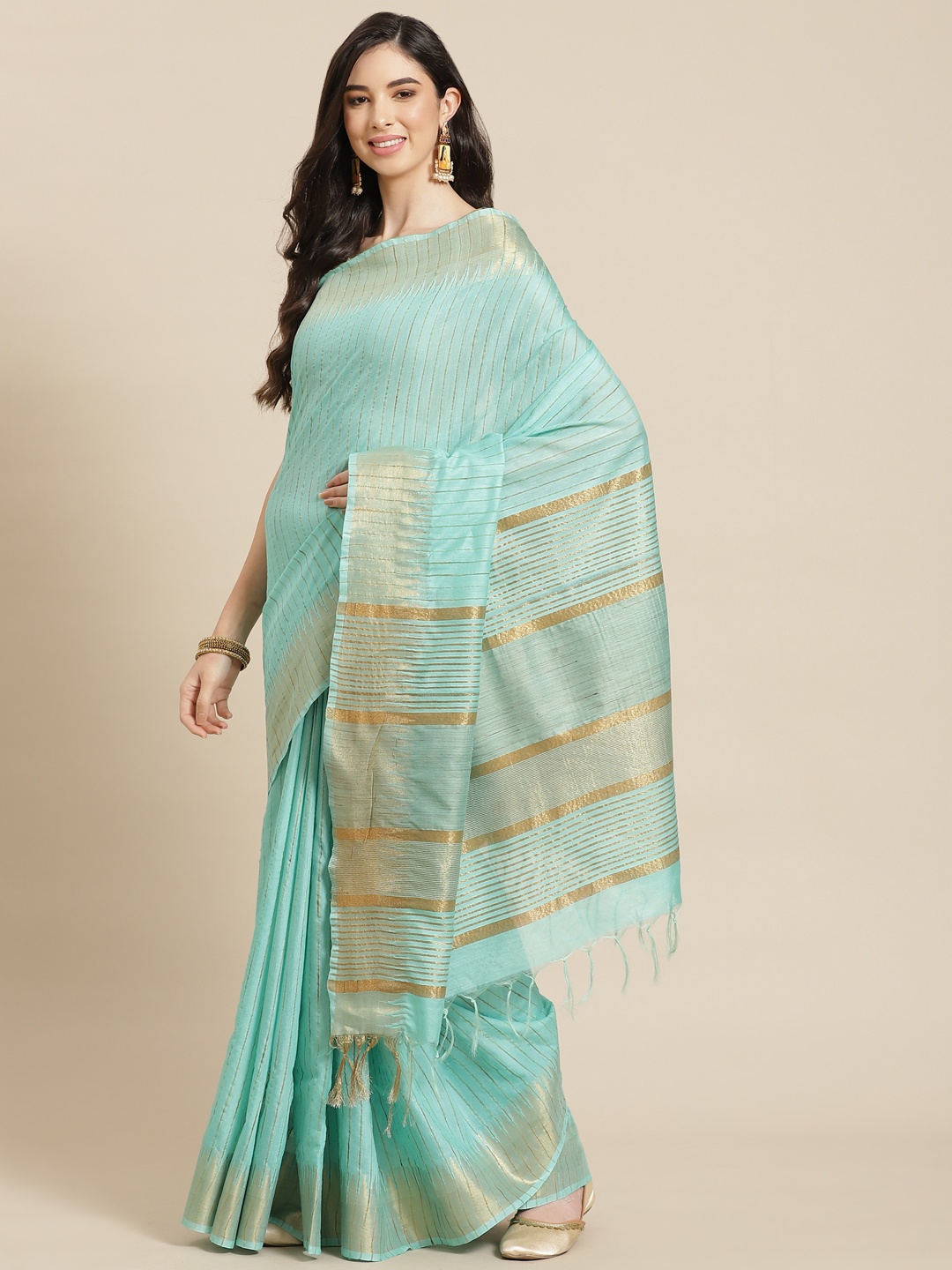 

swatika Blue & Golden Striped Zari Silk Blend Bhagalpuri Saree