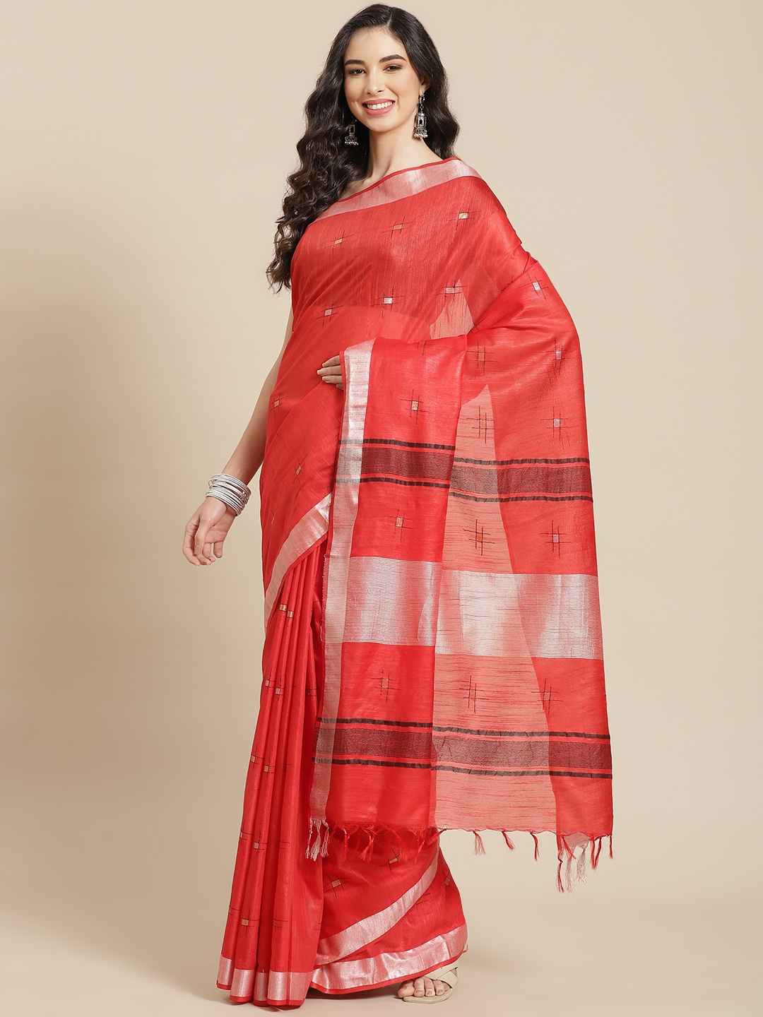 

swatika Coral Red & Silver Woven Design Zari Silk Blend Bhagalpuri Saree