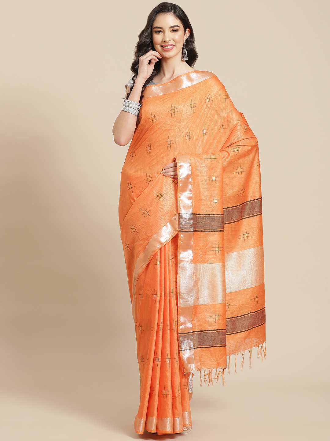 swatika Orange & Silver Woven Design Zari Silk Blend Bhagalpuri Saree