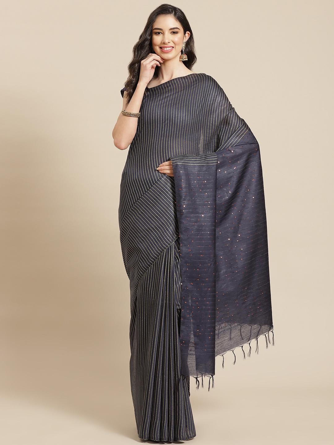 

swatika Navy Blue & Golden Striped Zari Silk Blend Bhagalpuri Saree