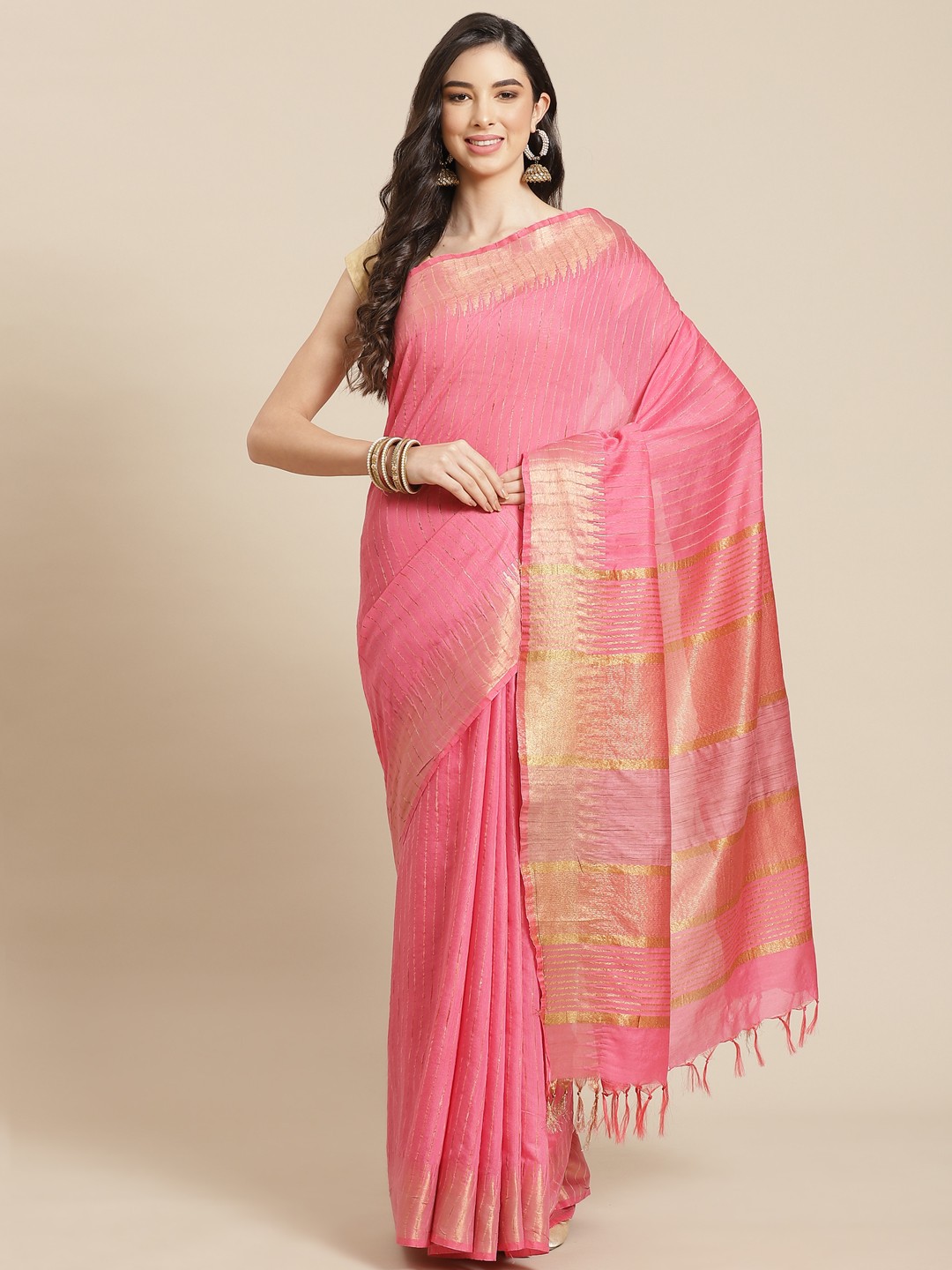 

swatika Pink & Golden Self Striped Bhagalpuri Saree