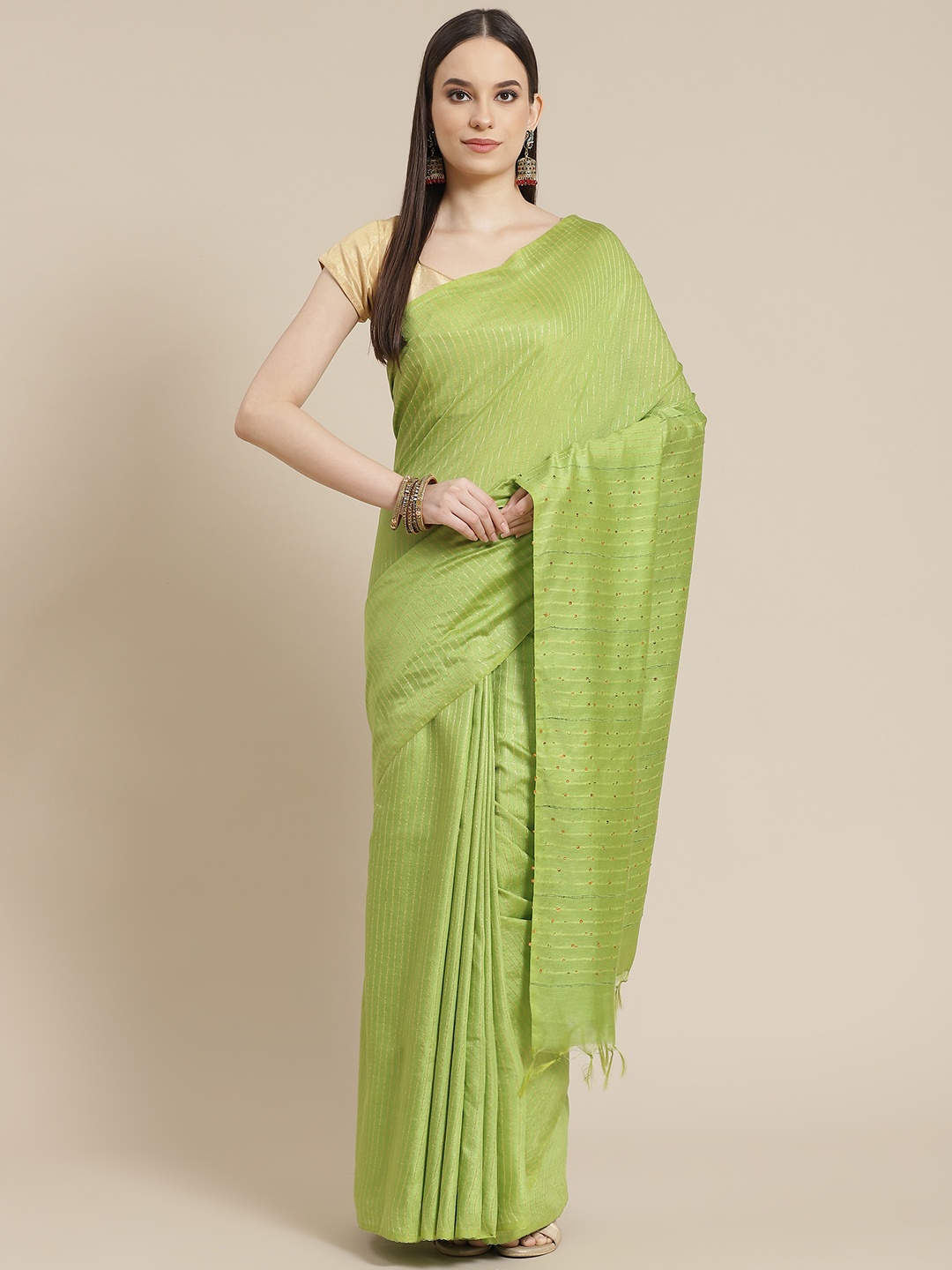 

swatika Green & Gold-Toned Woven Design Zari Silk Blend Bhagalpuri Saree
