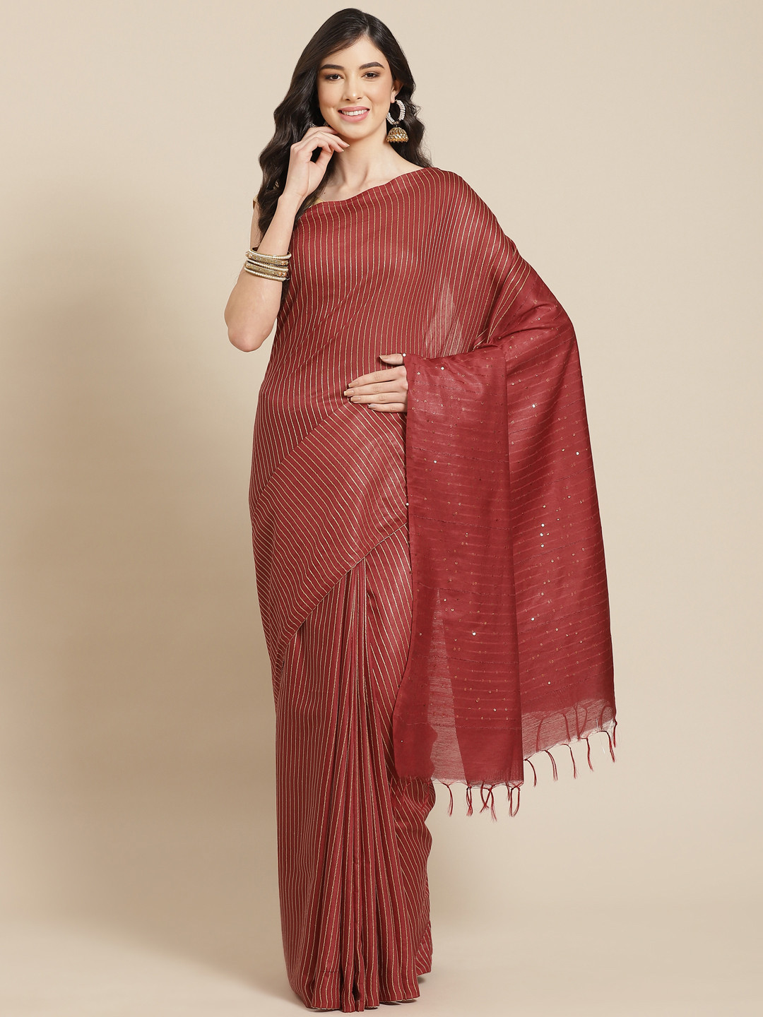

swatika Red & Golden Striped Silk Blend Bhagalpuri Saree