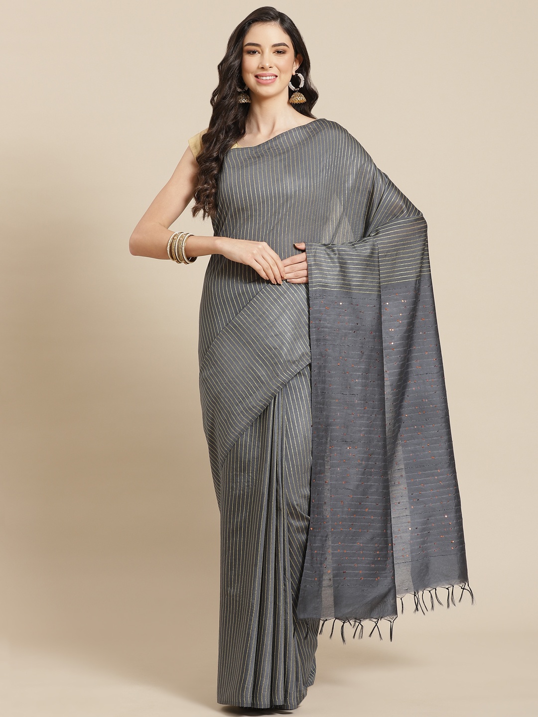

swatika Grey & Golden Self Striped Bhagalpuri Saree