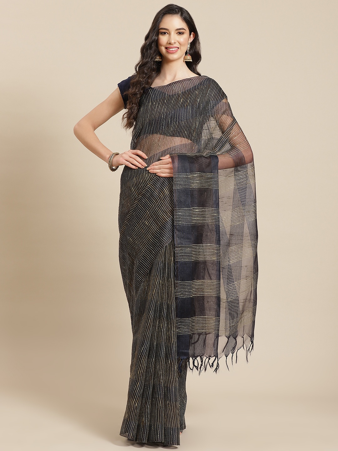 swatika Navy Blue & Beige Striped Zari Silk Blend Bhagalpuri Saree