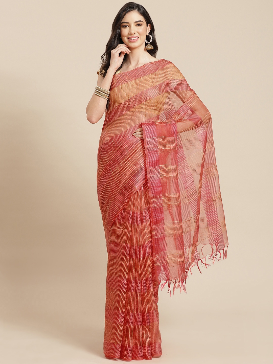 

swatika Peach-Coloured Striped Silk Blend Bhagalpuri Saree