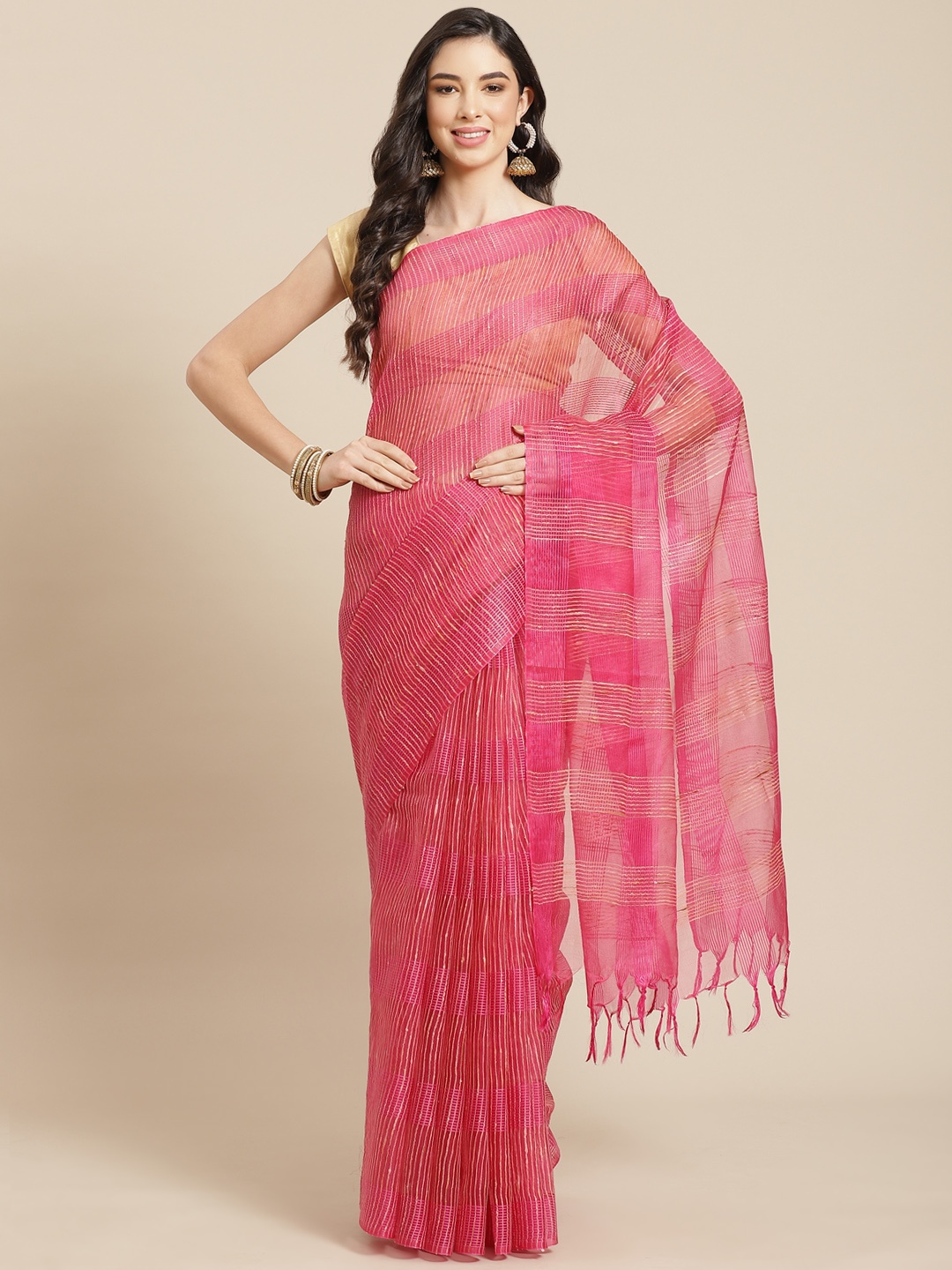 

swatika Pink Striped Zari Silk Blend Bhagalpuri Saree